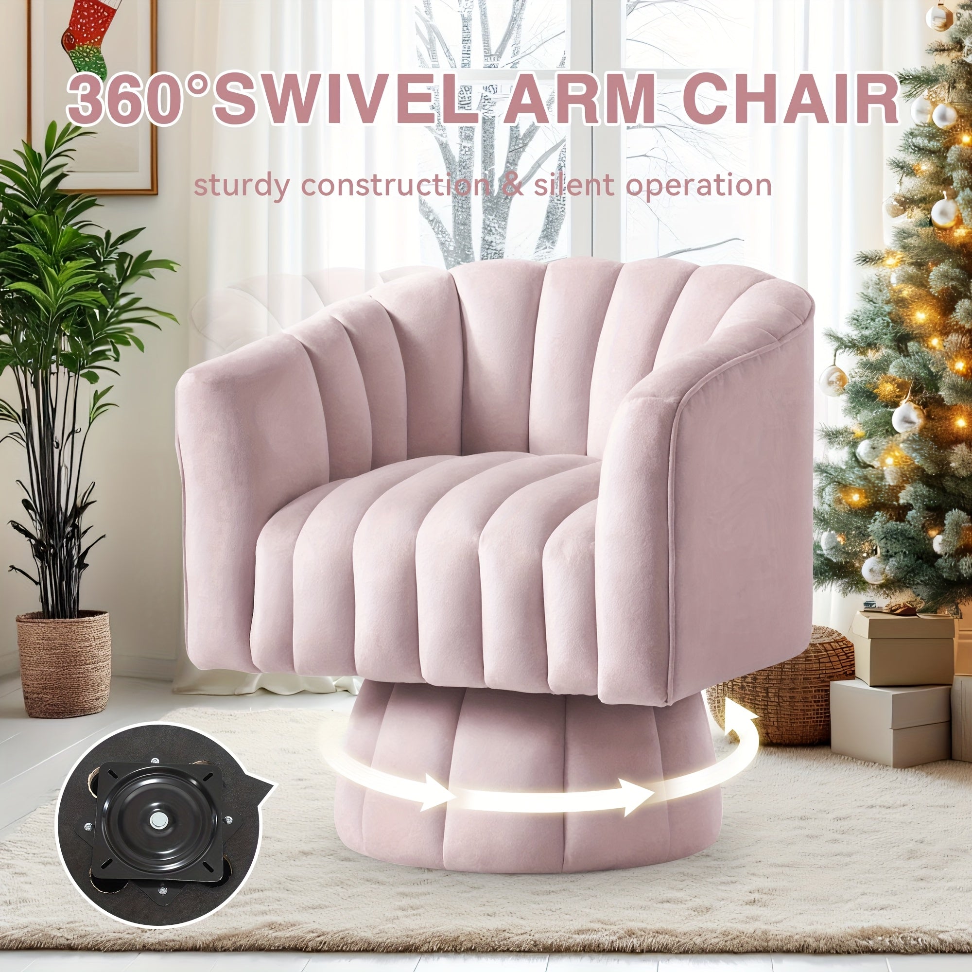 Elegant Pink Velvet 360° Swivel Armchair - Mid-Century Design with Pillowized Seat Cushion, Thickened Comfort Upholstery, Ideal for Modern Living Spaces, Comfy Chair