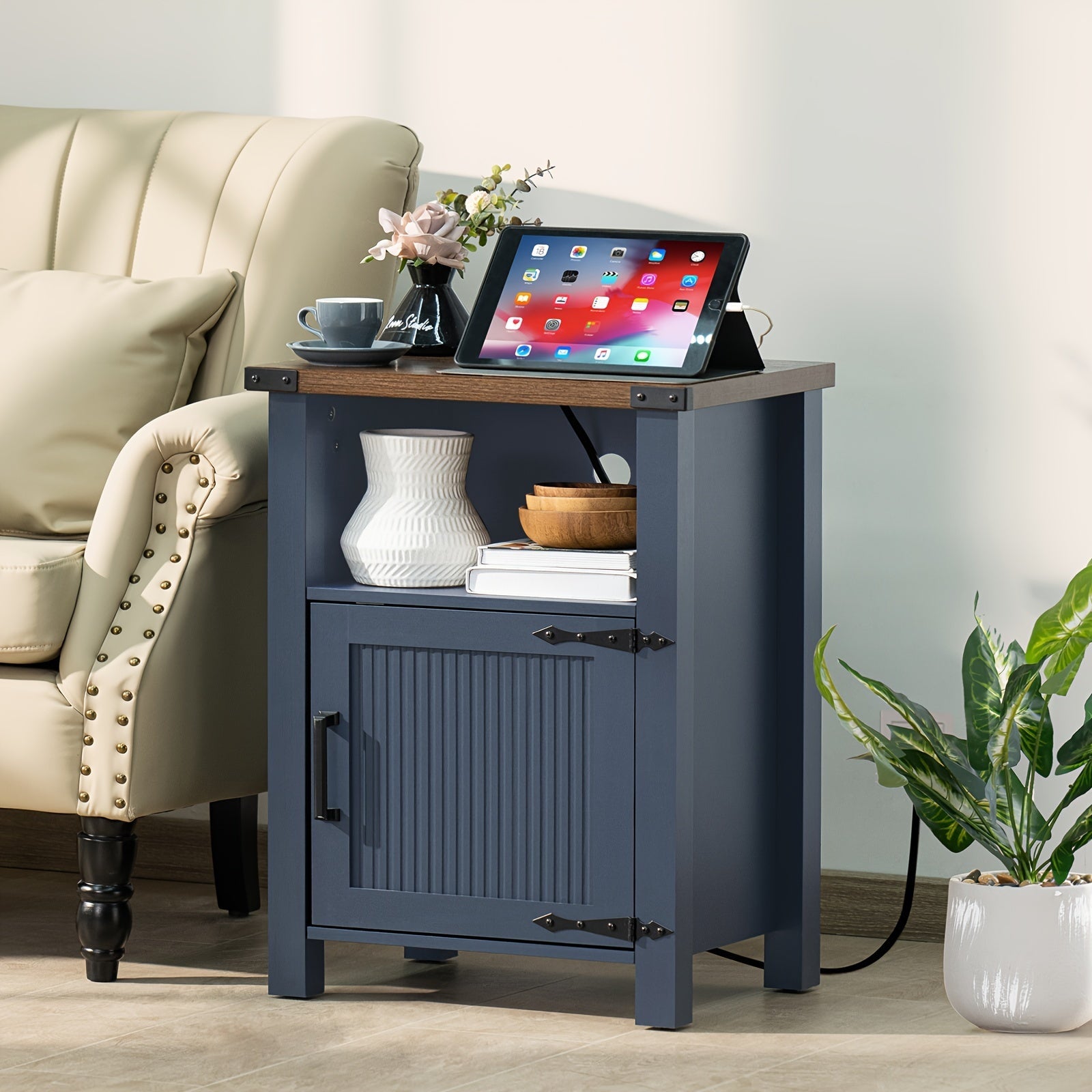 Charming Dark Blue 18" Farmhouse Nightstand with Charging Station & USB Port, Rustic Hardwood End Table with Magnetic Doors & Storage Shelf - Ideal for Bedroom Comfort, Bedroom Decor