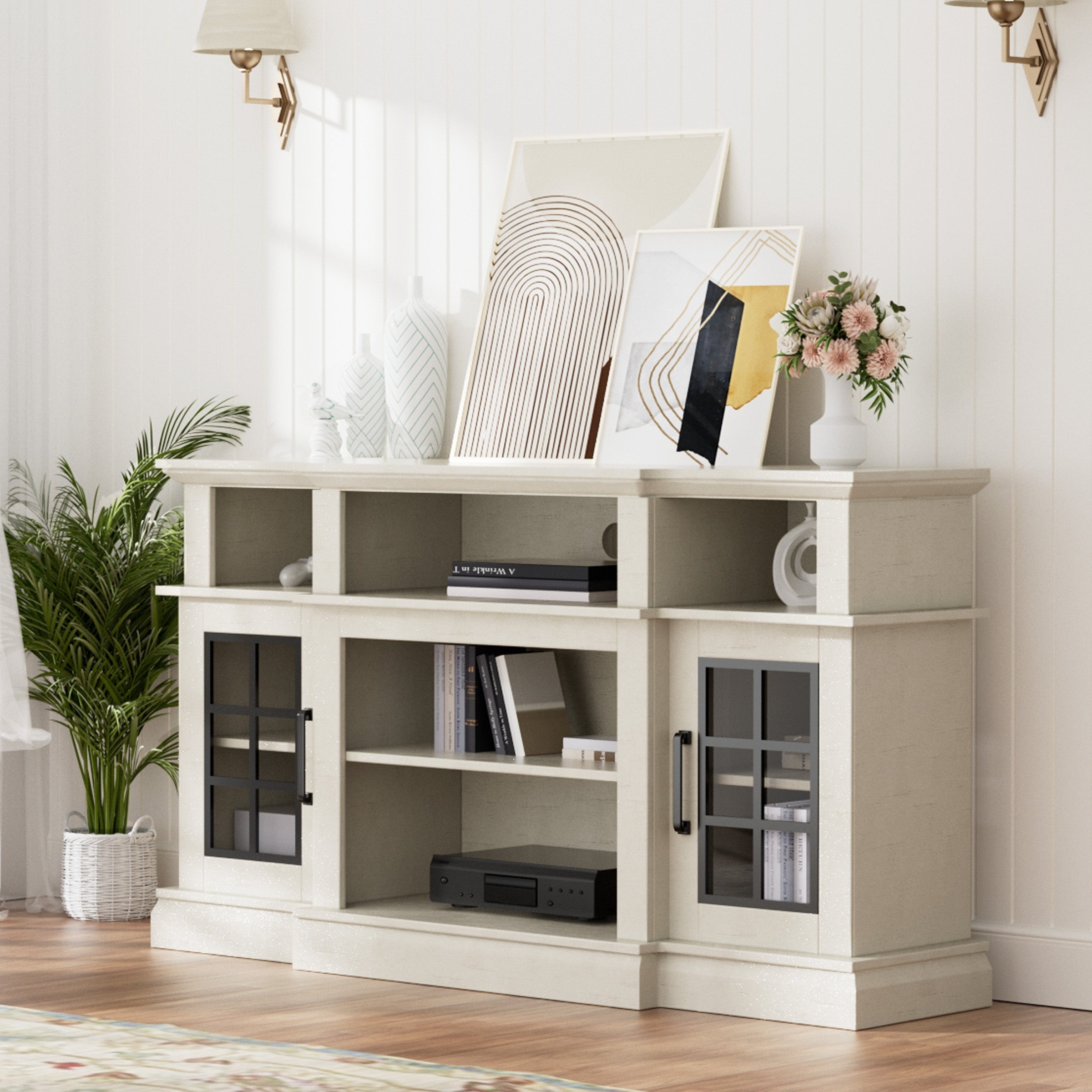 Antique White TV Stand for 65 Inch TV, Modern TV Stand with Glass Door, Farmhouse Entertainment Center for Bedroom, Tall Media Console Table with Classic Breakfront Design