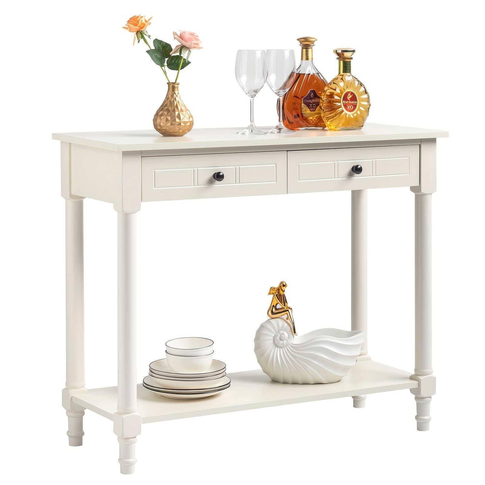 2-Tier Console Table with 2 Drawers, Console Tables for Entryway, Sofa Table with Storage Shelves, Entryway Table Behind Sofa Couch, for Living Room, Kitchen, Cream White