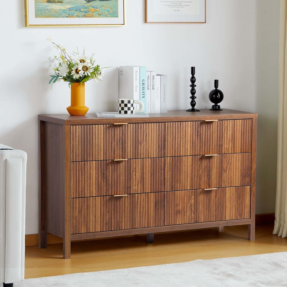 1pc Contemporary Walnut Finish Double Dresser with 6 Fluted Drawers - Hardwood and Metal Construction, Wooden Storage Organizer for Bedroom, Living Room, Hallway - Independent, No Electricity Needed