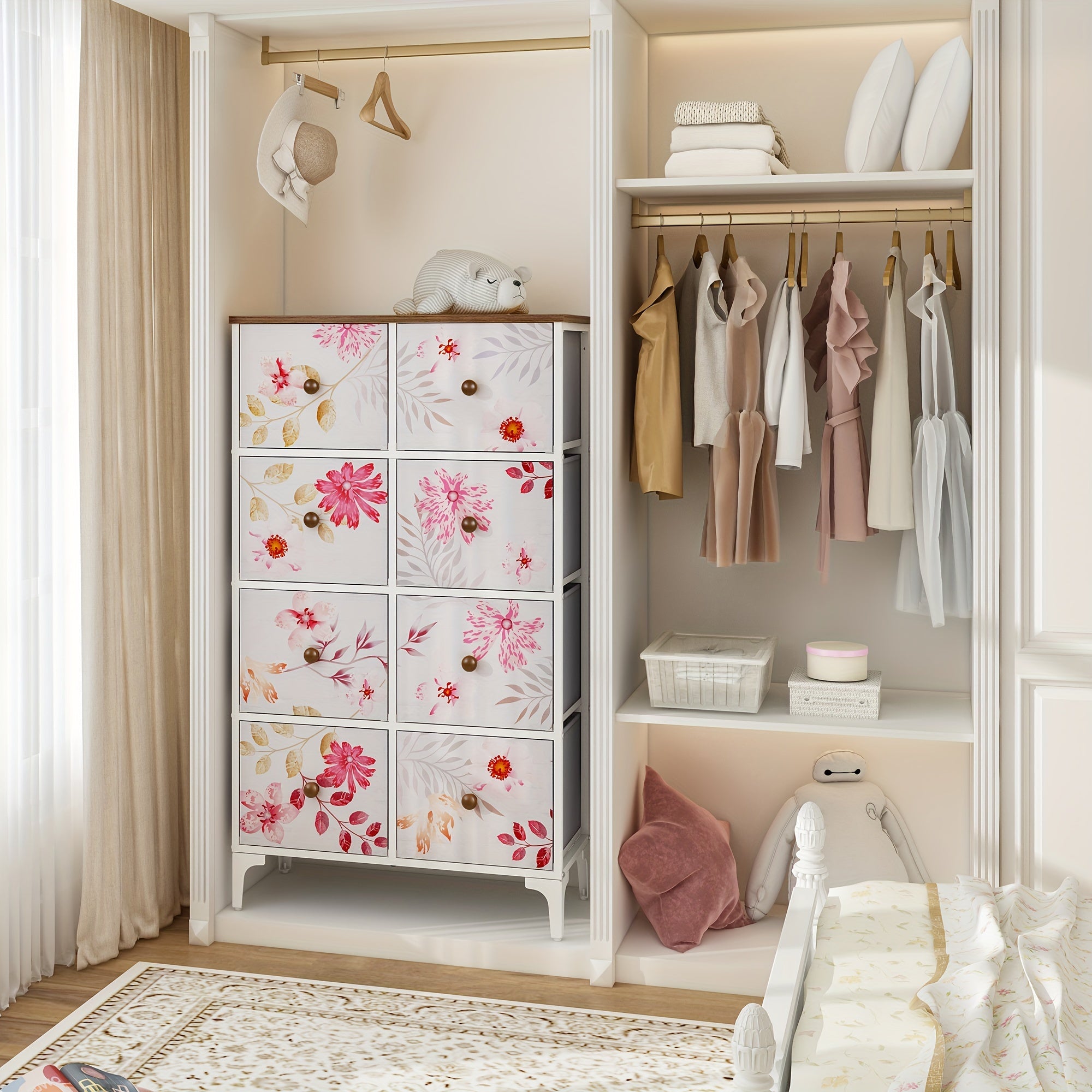 Tall Dressers for Bedroom with 8 Drawers, Storage Drawer Unit for Closet, Fabric Organizer Chest of Drawers for Kids, Living Room, Nursery, Steel Frame, Wood Top