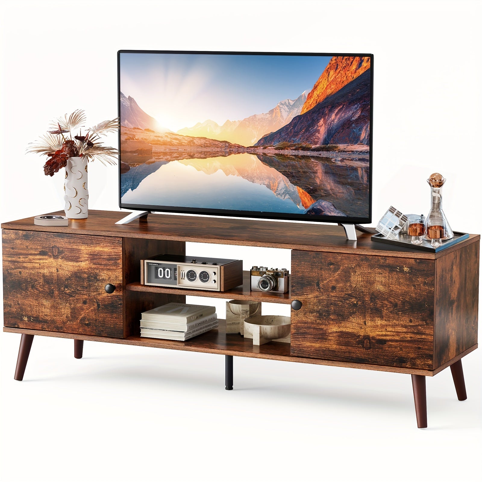 TV Stand With Lift Top Coffee Table Wooden Furniture, Modern Mid Century Entertainment Center With Storage, Media Console Table 2 Cabinet, Soft Hinge, Handle Door, Living Room