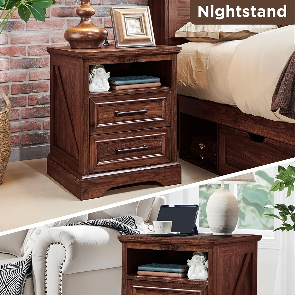 18" Farmhouse Nightstand With Charging Station, End Table With 2 Drawers Storage, Side Table, Bedside Cabinet For Bedroom, Living Room