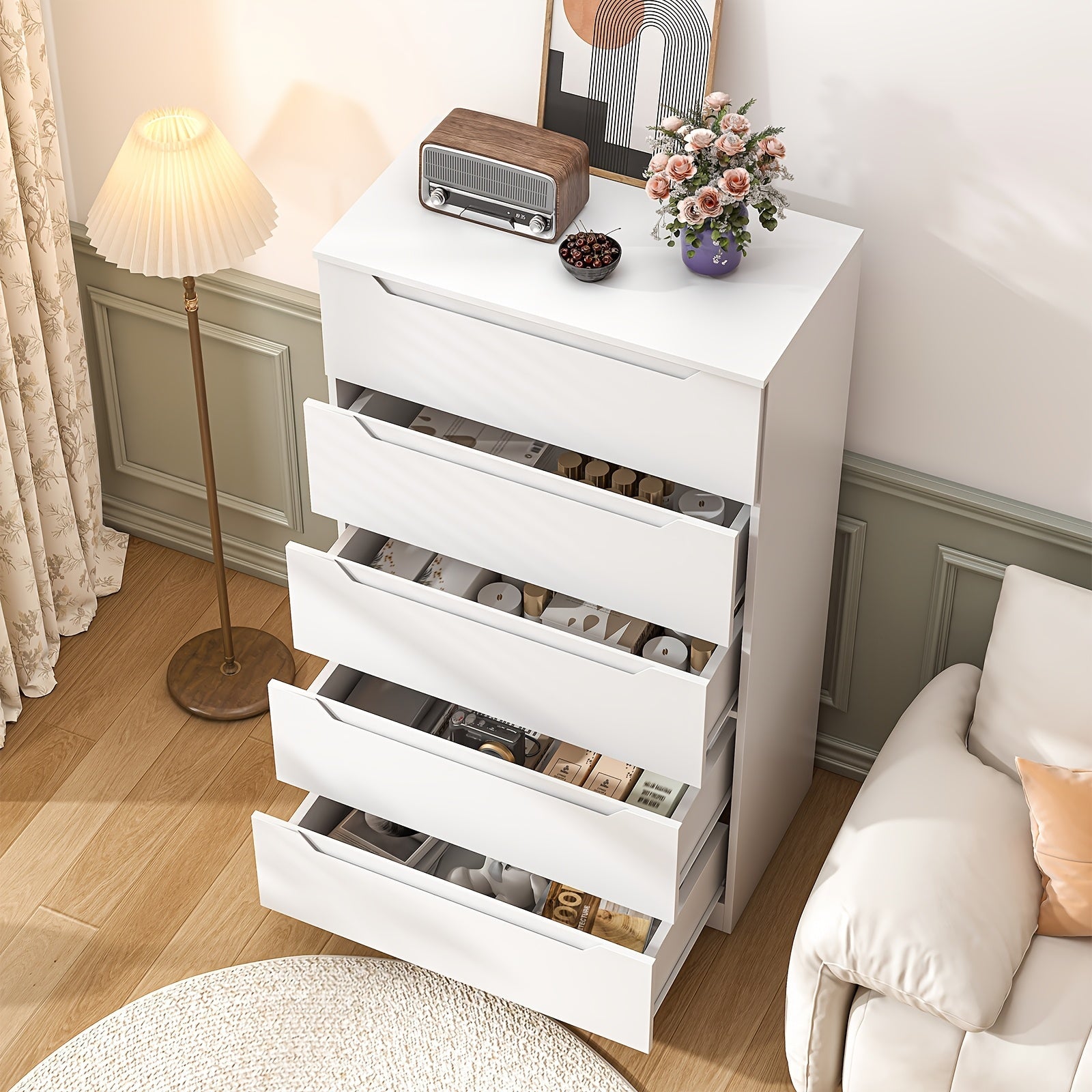 5-Drawer White Dresser | Modern Metal Chest of Drawers with Lockable Storage | Sleek Design for Bedroom Living Room