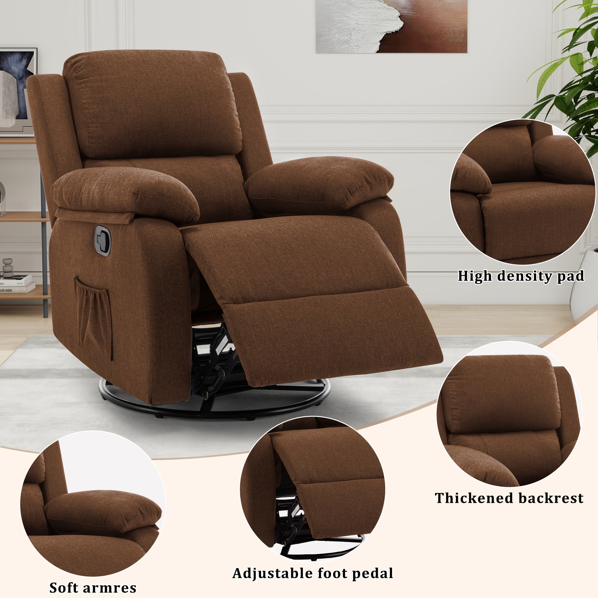 Recliner Chair, 360 Swivel Rocker Chair for Adults, Small Rocking Recliner Chair for Small Spaces, Upholstered Fabric Glider Recliner Chair with Side Pockets for Living Room