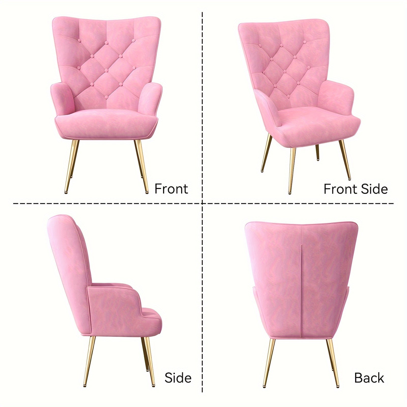 Velvet Accent Chair, Mid Century Modern Living Room Chairs, Bedroom Chair with High Backrest, Tufted Button Wingback Sofa Chairs, Upholstered Comfy Side Armchair with Metal Legs for Office, Lab, Pink