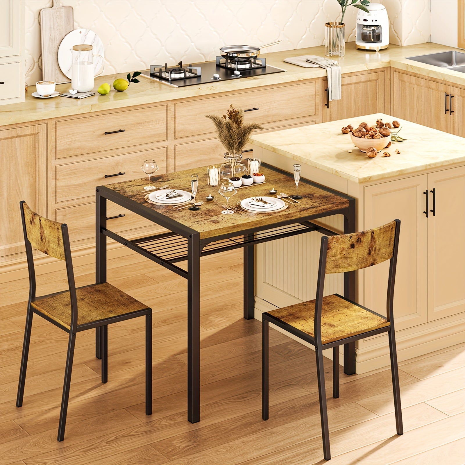 Dining Table Set For 2, 3 Piece Kitchen Table With 2 Chairs For Small Space, Apartment, Kitchen, Dining Room, Space-Saving, Retro