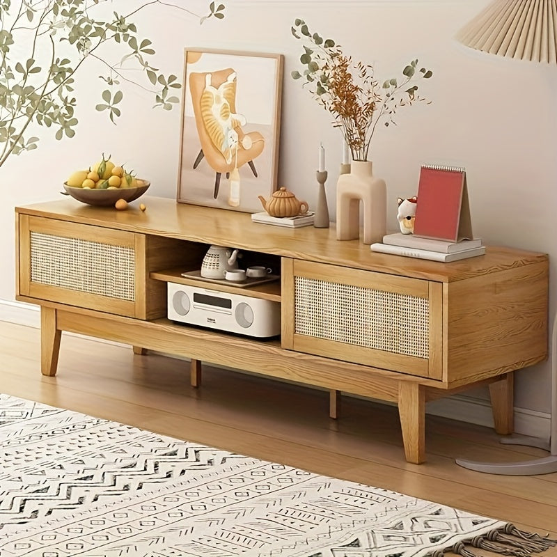 Rattan TV Stand 40-65 Inch for Living Room, Boho Entertainment Center with 2 Storage Cabinets Television Stands for Bedroom with Sliding Doors Rattan TV Console with Storage