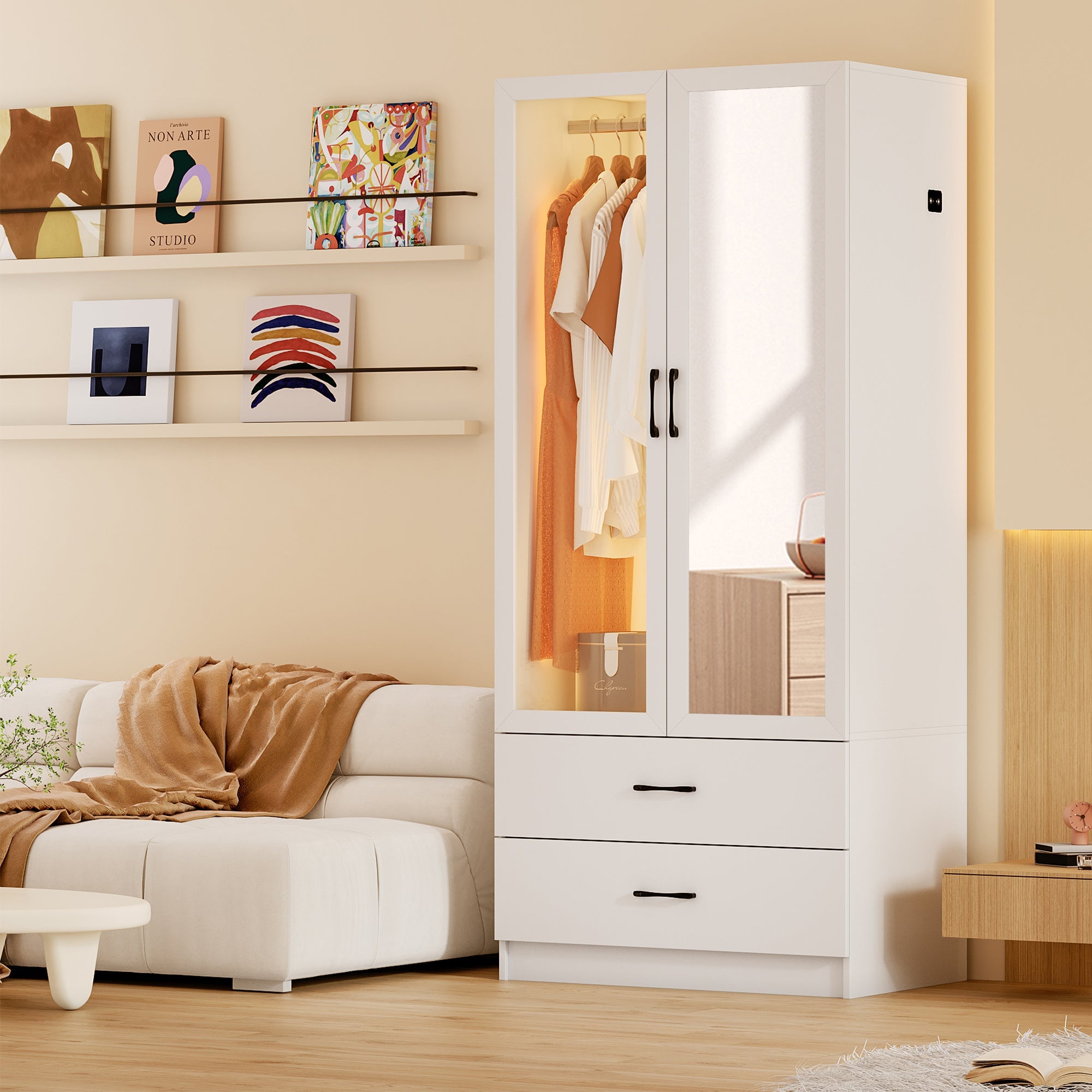 71’’ Elegant White Bedroom Armoire Wardrobe with Mirror - Dual-Door LED Closet Featuring 3-Color Dimmable Lighting
