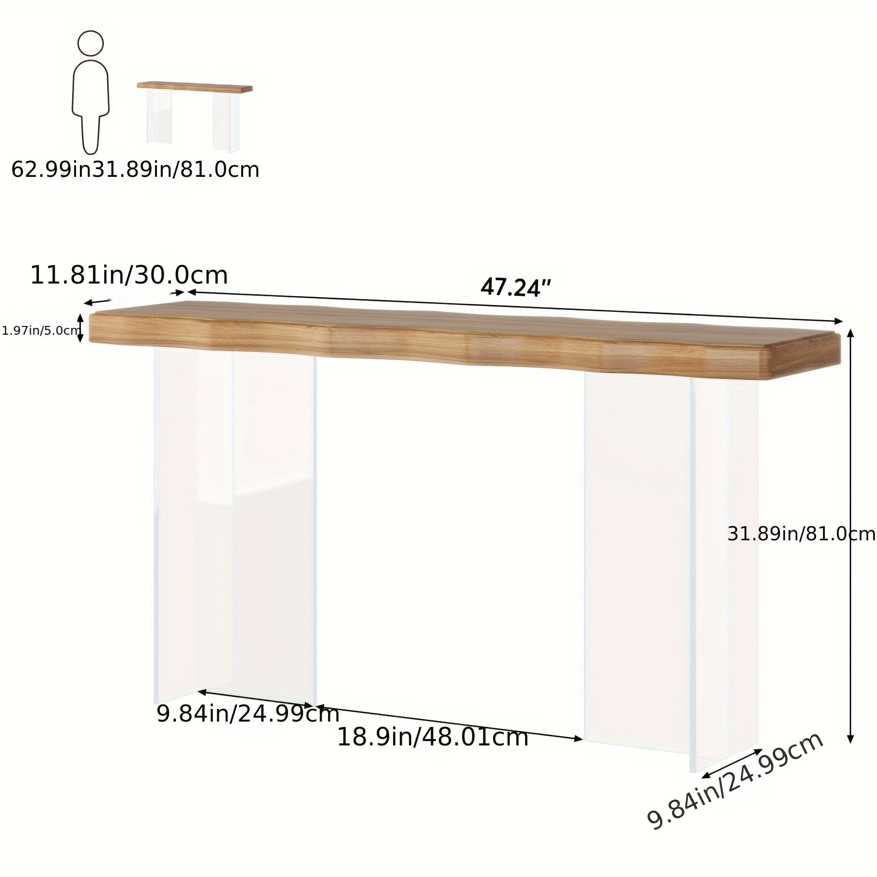 New trend 47 inches, acrylic leg narrow sofa table, transparent leg console table for entryway living room