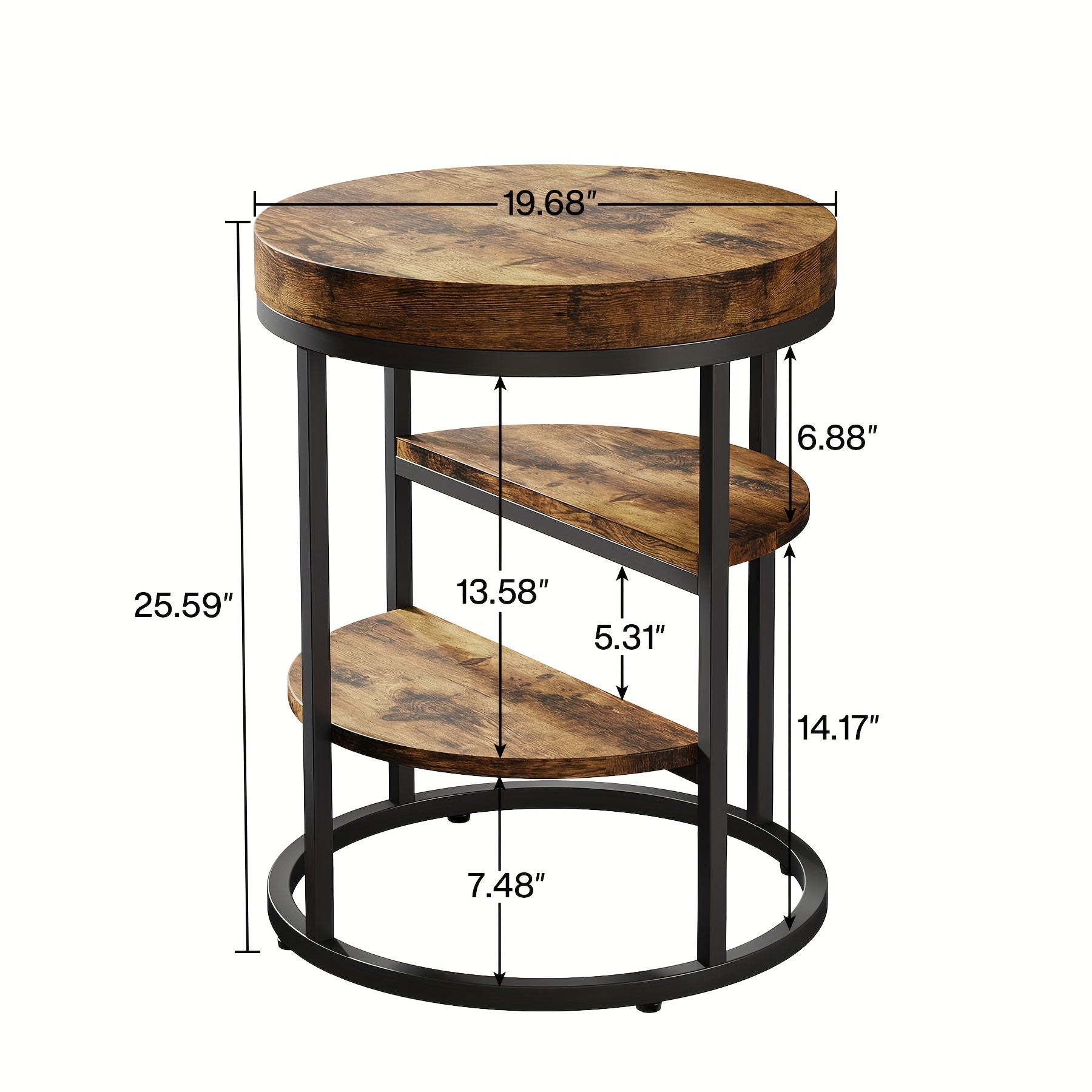 Round End Table, Small End Table with 3 Storage Shelves, Wood Side Table for Small Spaces, Industrial Sofa Side Table for Home Office