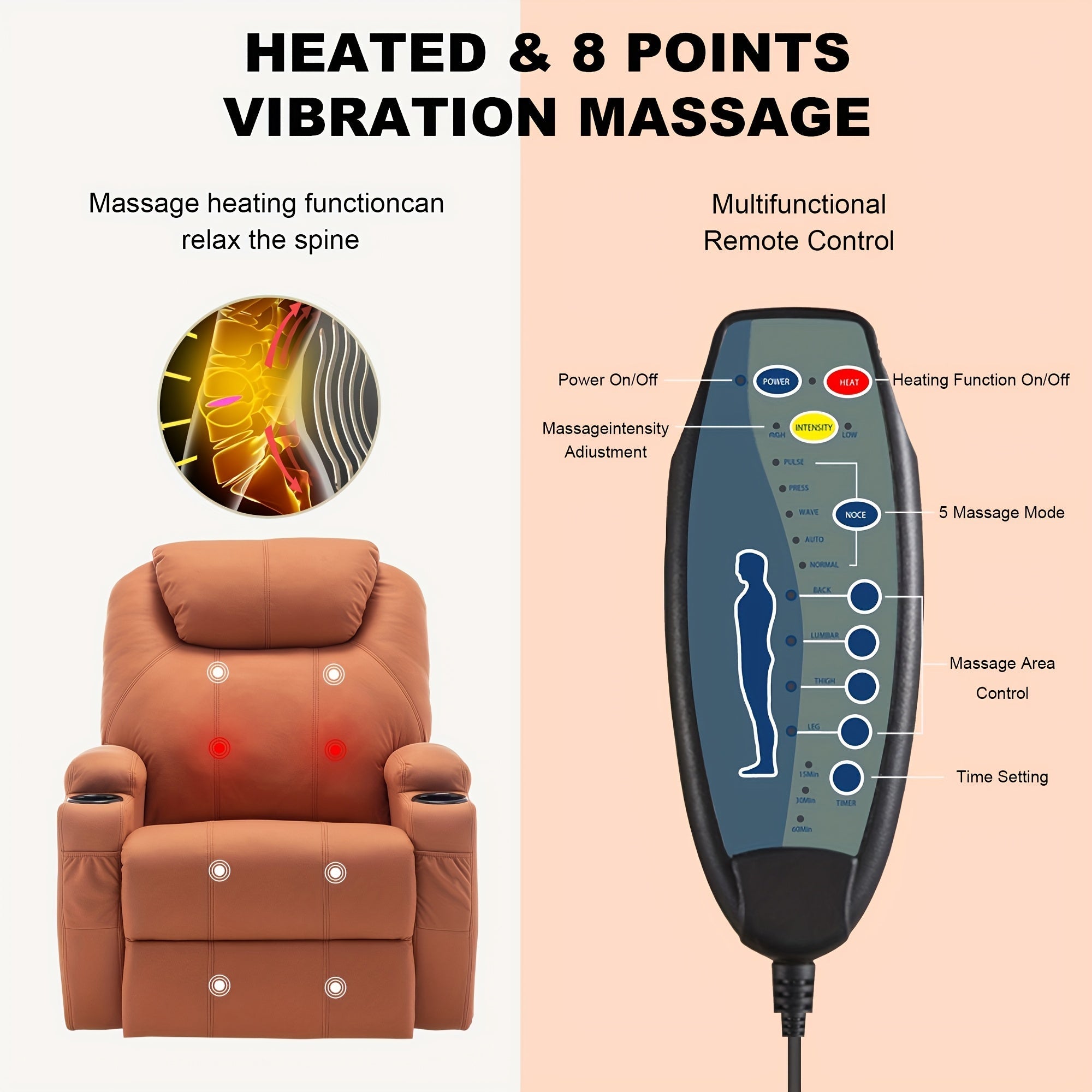 Ergonomic Orange Recliner Chair with Massage & Heat, 360° Swivel, Remote Control, Cup Holder - Manual Operation, Hardwood Frame