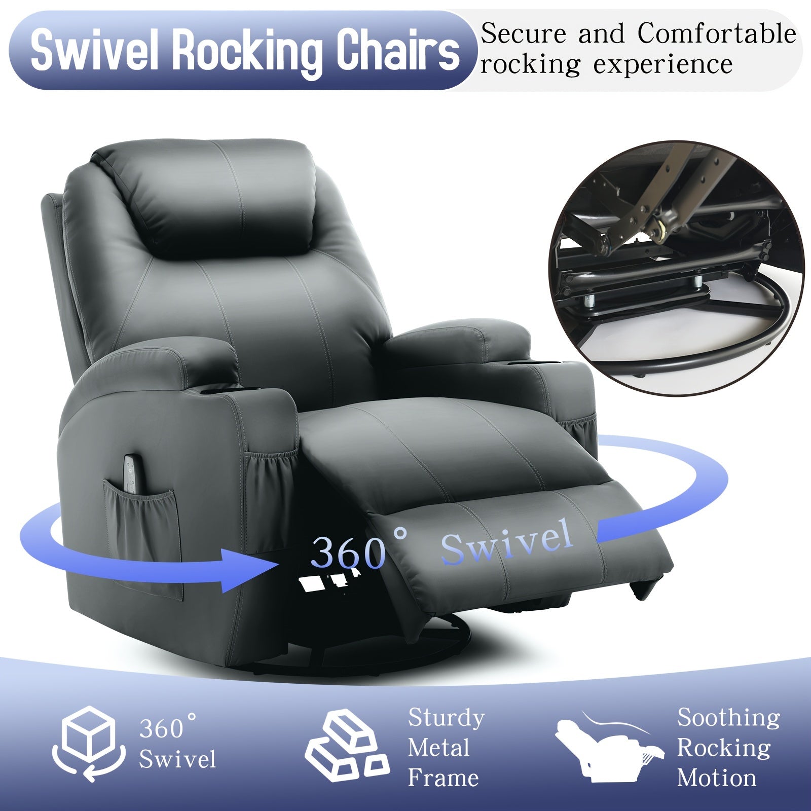 Faux Leather Manual Recliner Chair, Rocking Chair With Massage And Heat, 360° Swivel Recliner Chairs For Adults, Rocker Recliner With Remote Control And Cup Holder For Living Room, Bedroom