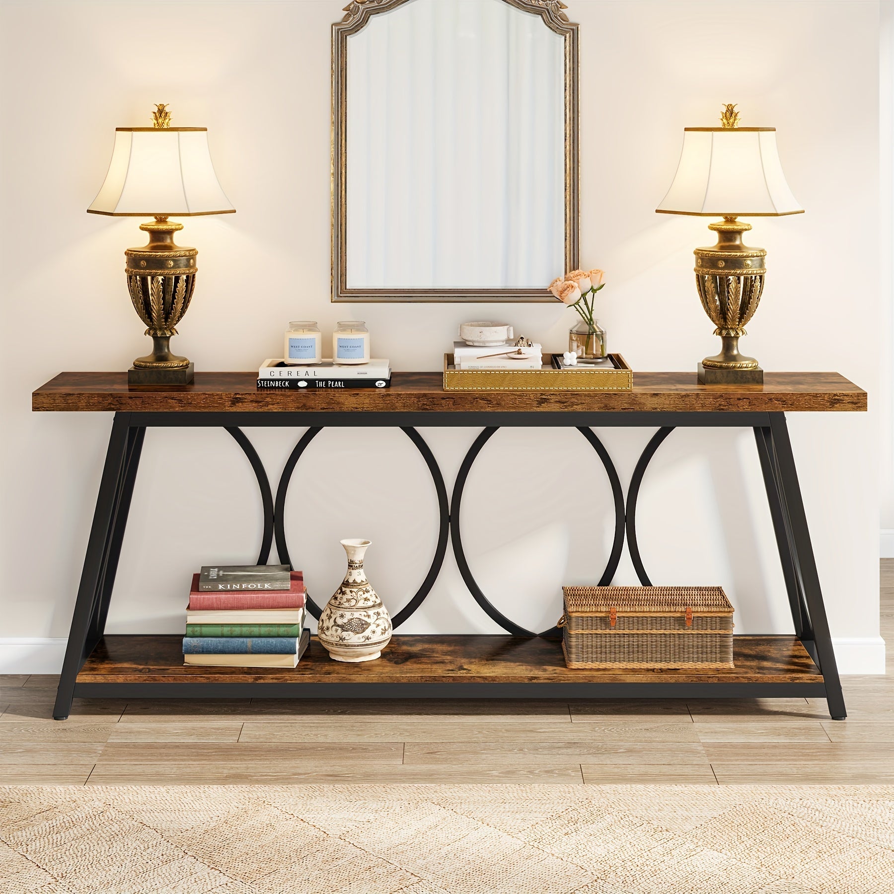 70.9-Inch Extra Long Console Table: Industrial Sofa Table With 2-Tier Storage Shelf For Behind Couch Narrow Entryway