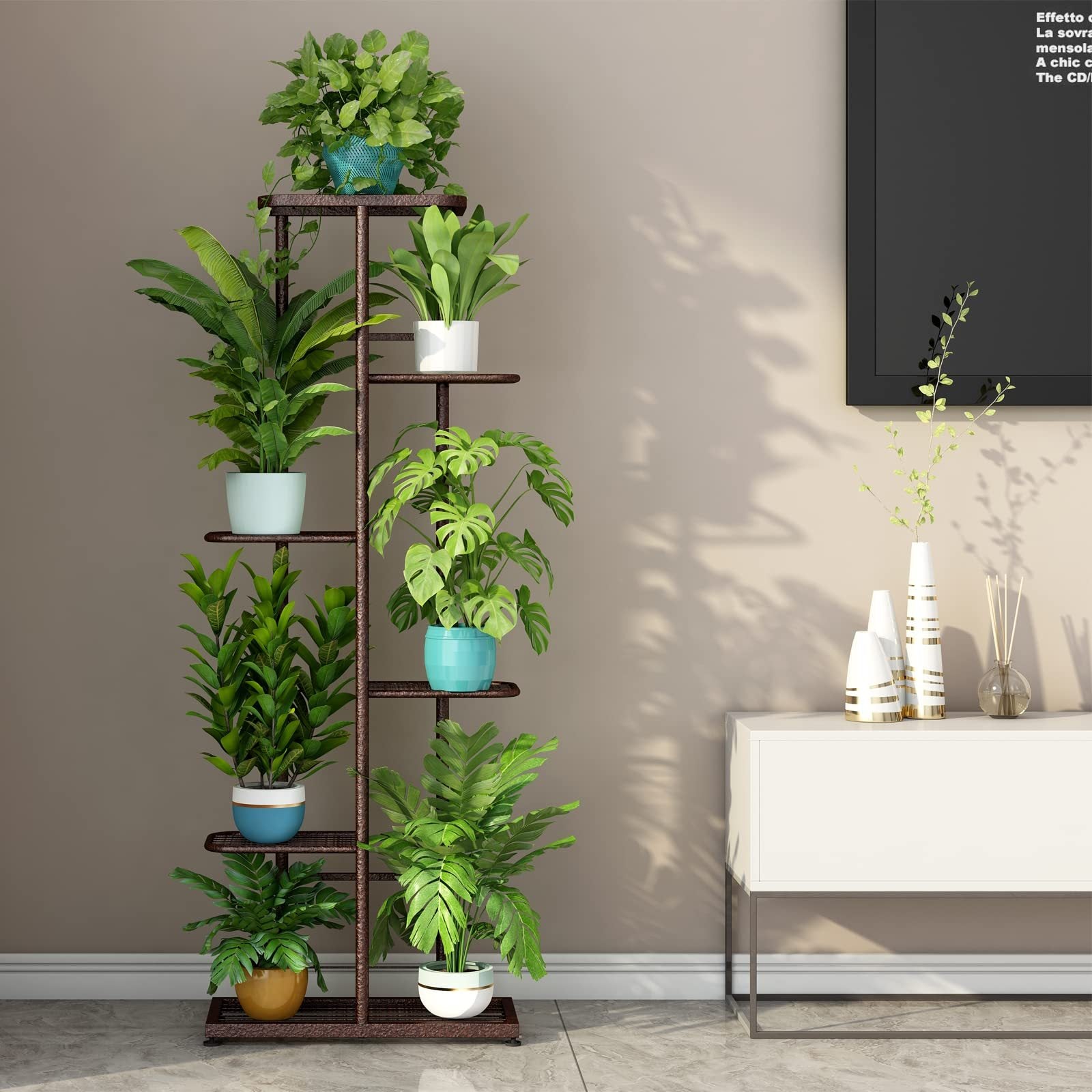 6-Tier Metal Plant Stand for 7+ Pots - Versatile Indoor & Outdoor Display Shelf in White, Bronze, Dark Grey, Light Green - Durable, Easy Assembly, Ideal for Patio, Garden, Corner, Balcony, Living Room Decor, Multiplan