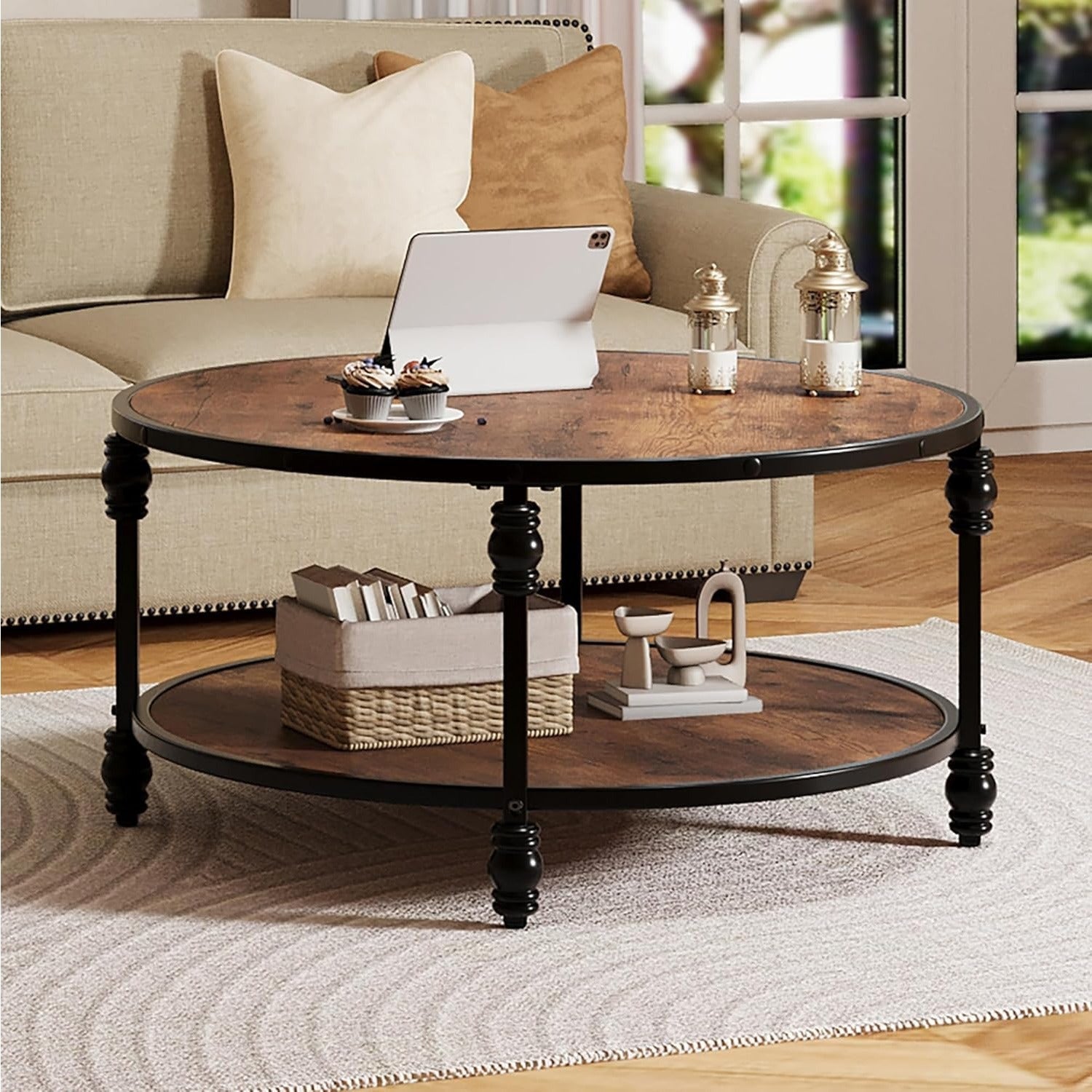 Coffee Table Round Rustic Center Table with Storage Shelf Wood Circle Coffee Table with Sturdy Metal Legs Living Room