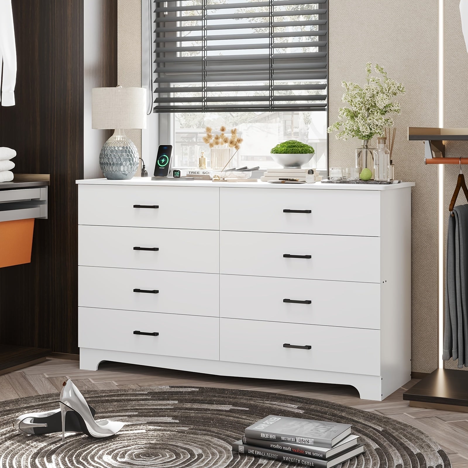 8 Drawer Bedroom Dresser Large Drawer Chest With Charging Station 55.1 Inch Wide Storage Wardrobe Organizer Living Room