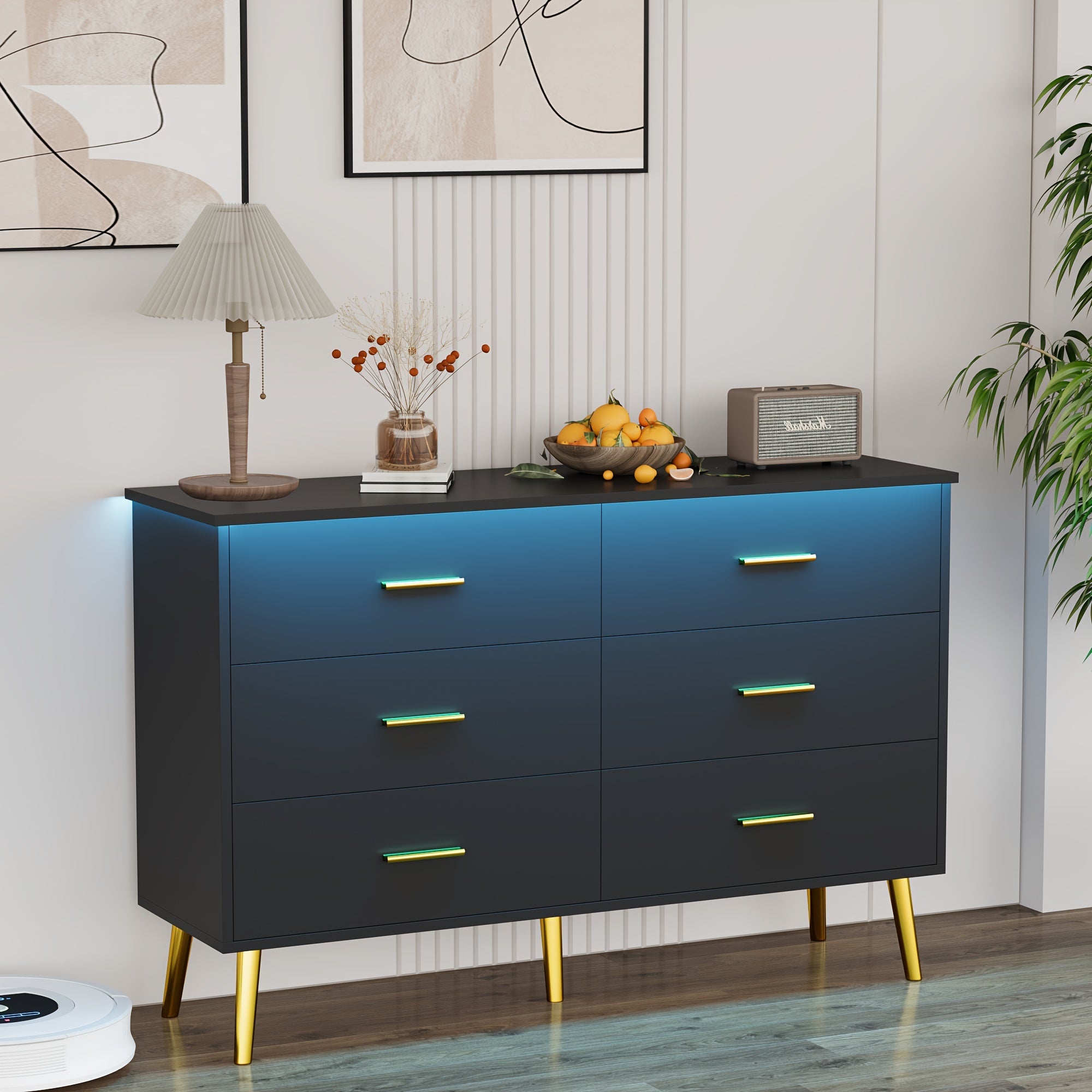 Dresser for Bedroom with LED Light, 6 Drawer Large Chest of Drawers, Modern Dresser with Lights, Wood Bedroom Dresser for Closet/Living Room/Hallway