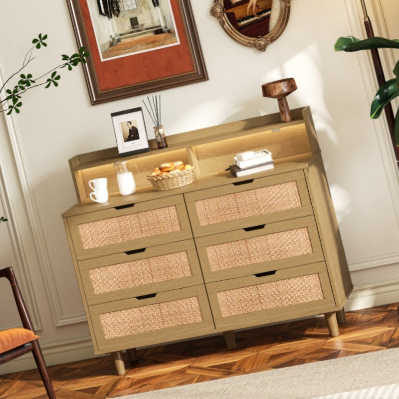 Chic Rattan Storage Cabinet with 6 Drawers - Metal Frame Ideal for Bedroom & Living Room Organization - As Picture