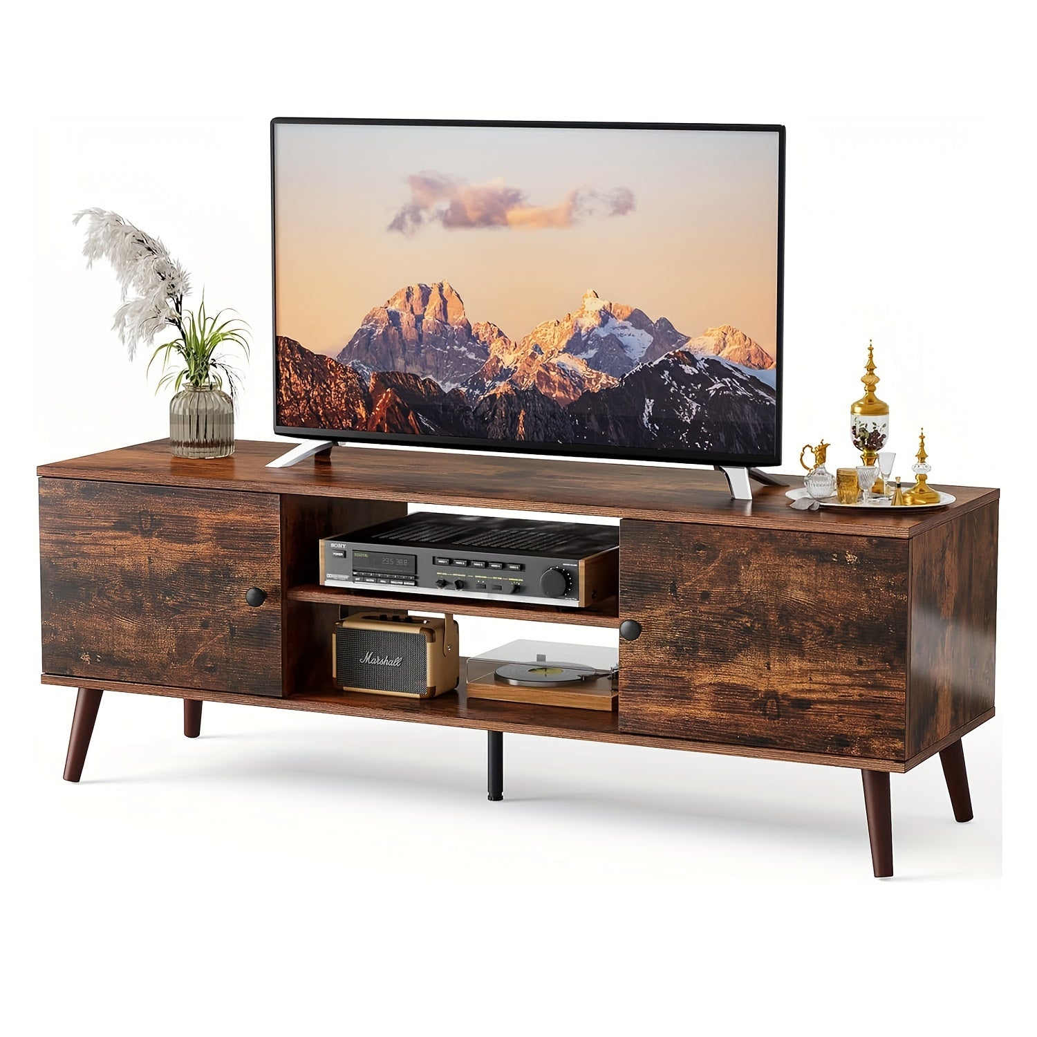 Modern TV Stand for 55 60 inch TV with 2 Storage Cabinet and Open Shelf, TV Cabinet, TV Media Console, Wood TV Table for Living Room, Bedroom, Office