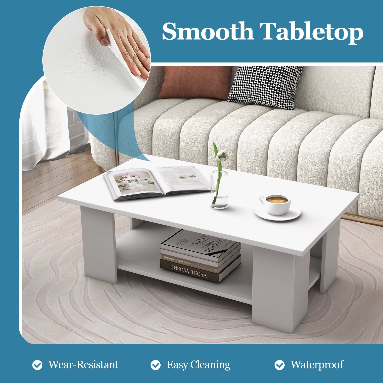 Coffee Table, Modern 2-Tier Center Table with Open Storage Shelf, Rectangular Cocktail Table with 5 Support Legs, Wooden Accent Living Room Furniture, White