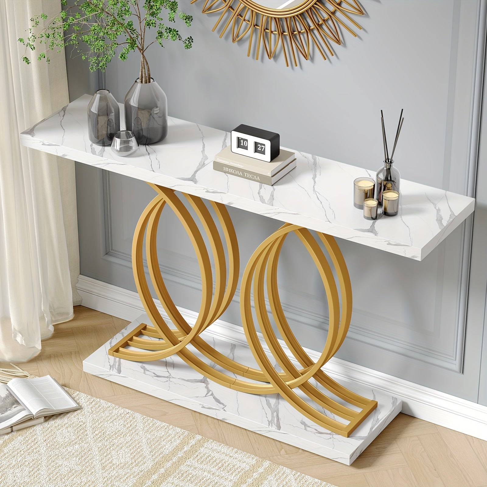 55 Inch Console Table For Hallway, Faux Marble Golden Entryway Table With Geometric Metal Base, Modern Narrow Sofa Accent Table For Entrance, Living Room, Foyer (White & Golden)