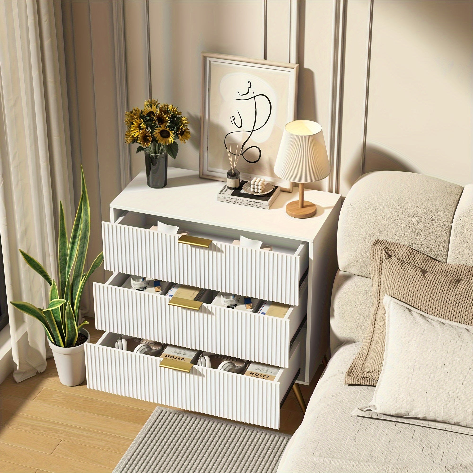 Fluted Accent 3 Drawer Dresser Mid Century Modern Chest of Drawers with Wide Drawers Metal Legs Storage Dressers Chest