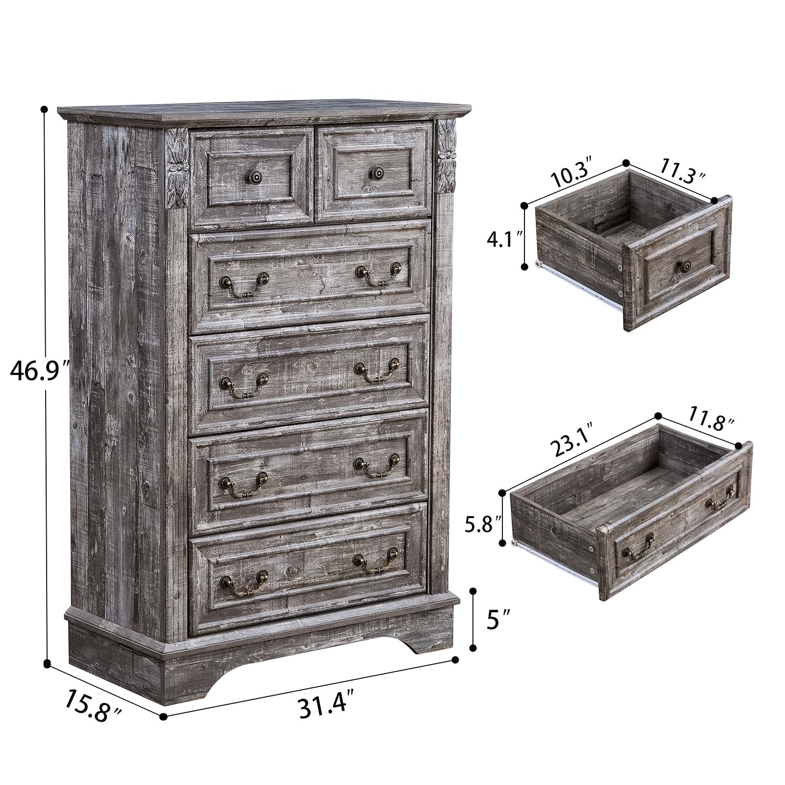 Farmhouse Dresser for Bedroom, 6 Drawer Dresser with Carved Wood Pilasters, Night Stand And Dresser Set, 20" End Table with Charging Station, Light Gray Vintage Storage Organizer for Bedroom, Hallway, And Living Room