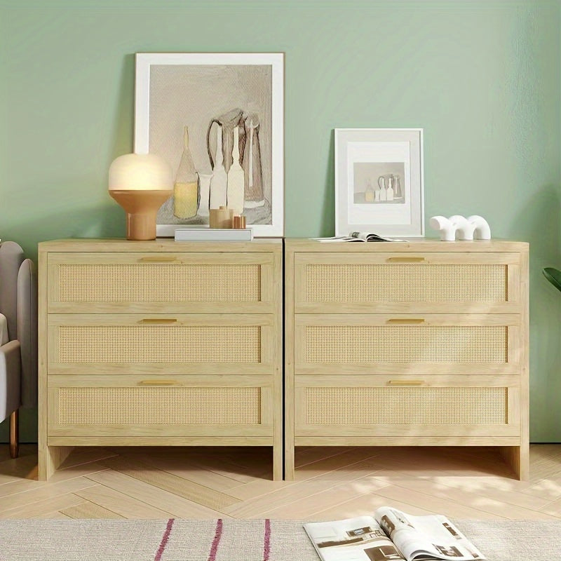 3 Drawer Dresser for Bedroom Rattan Modern Wooden Dresser Chest with Golden Handles, Wood Storage Cabinet Beside Table