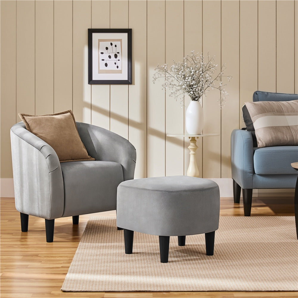 Barrel Chair and Ottoman Set with Boucle Fabric or Faux Leather Upholstery, Contemporary Club Chair with Ottoman, Accent Armchair with Footrest for Living Room, Bedroom, Guestroom, Stylish Upholstered Furniture Set i