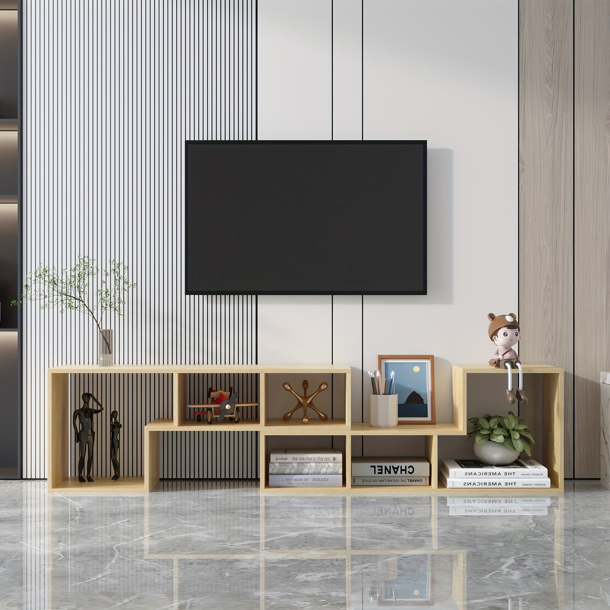 2 Pieces Console TV Stand for 50 55 60 65 70 80 85 inch TV, TV Table Modern Entertainment Center Media Stand, Storage Bookcase Shelf for Living Room Hallway Entrance