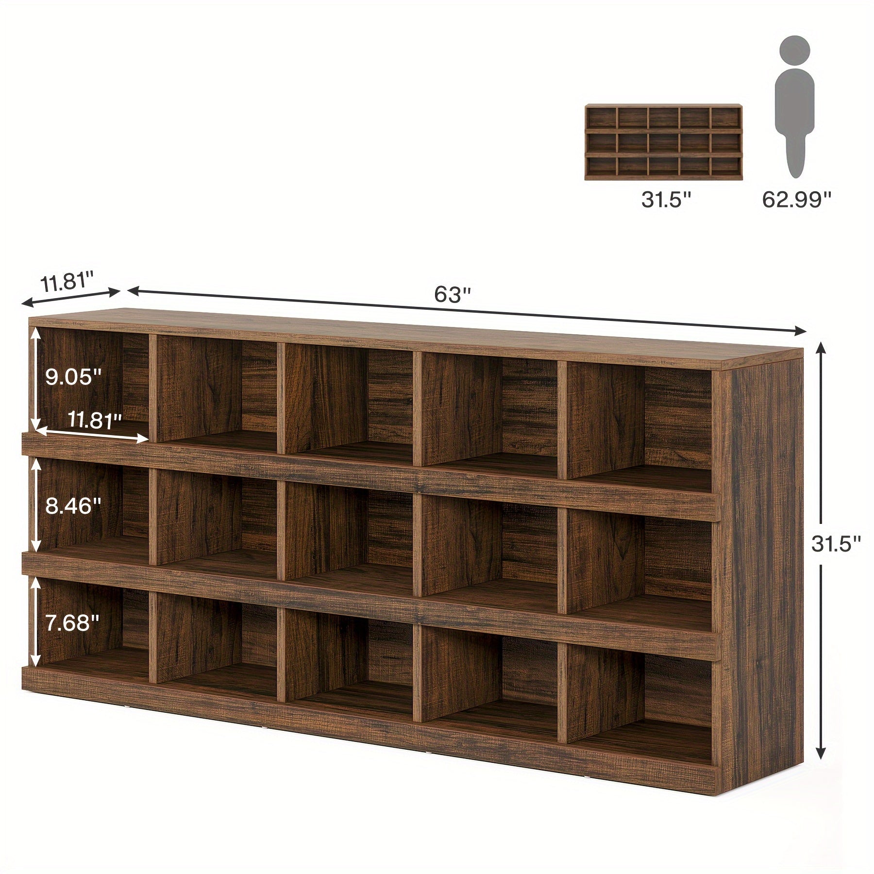 63-Inch Farmhouse Console Table, 15-Cube Narrow Entryway Table, 4-Tier Wood Behind Couch Sofa Table, All Wood Hallway Table With Storage For Entryway, Foyer, Living Room, Rustic Brown, Halloween Renewal