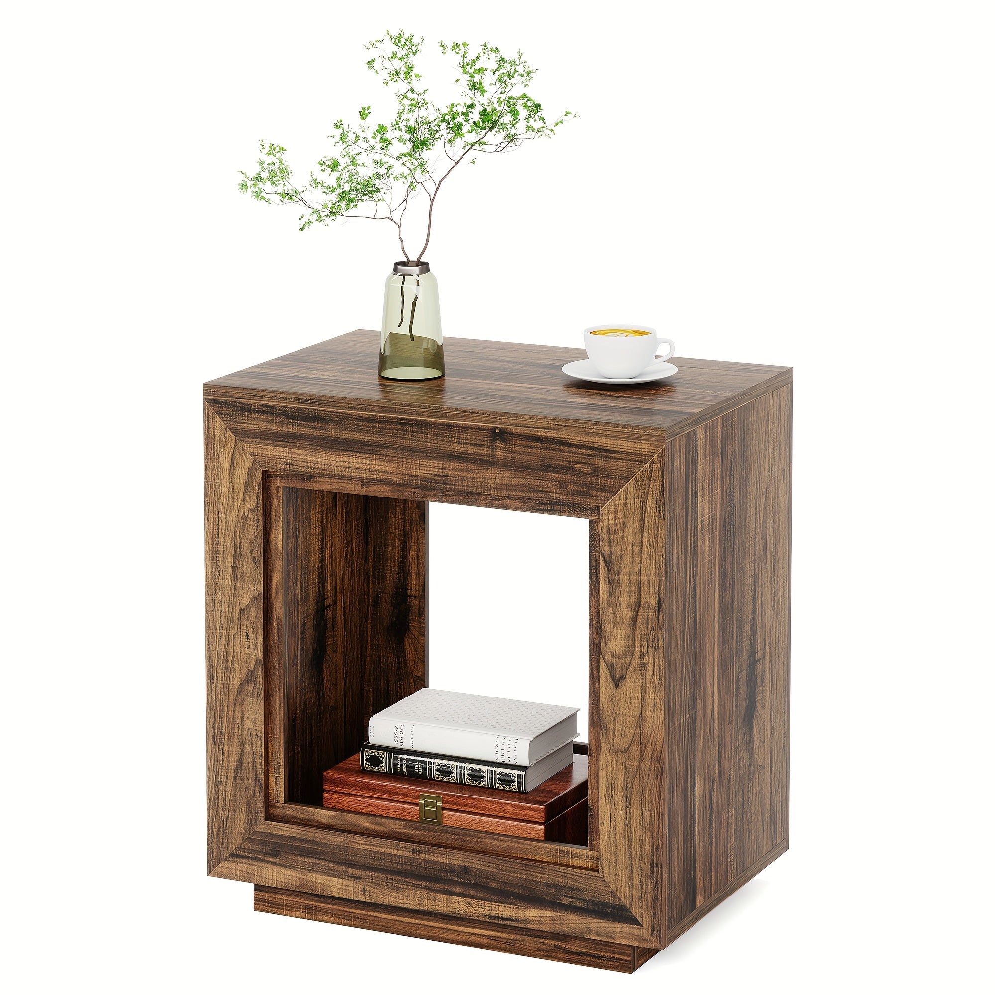 25 Inch solid wood side table, square side table, bedside table with storage function