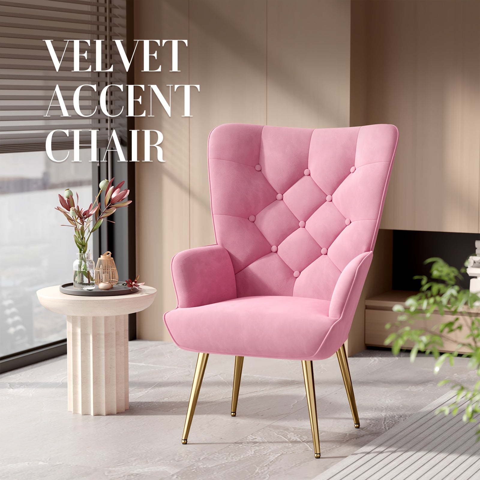 Velvet Accent Chair, Mid Century Modern Living Room Chairs, Bedroom Chair with High Backrest, Tufted Button Wingback Sofa Chairs, Upholstered Comfy Side Armchair with Metal Legs for Office, Lab, Pink