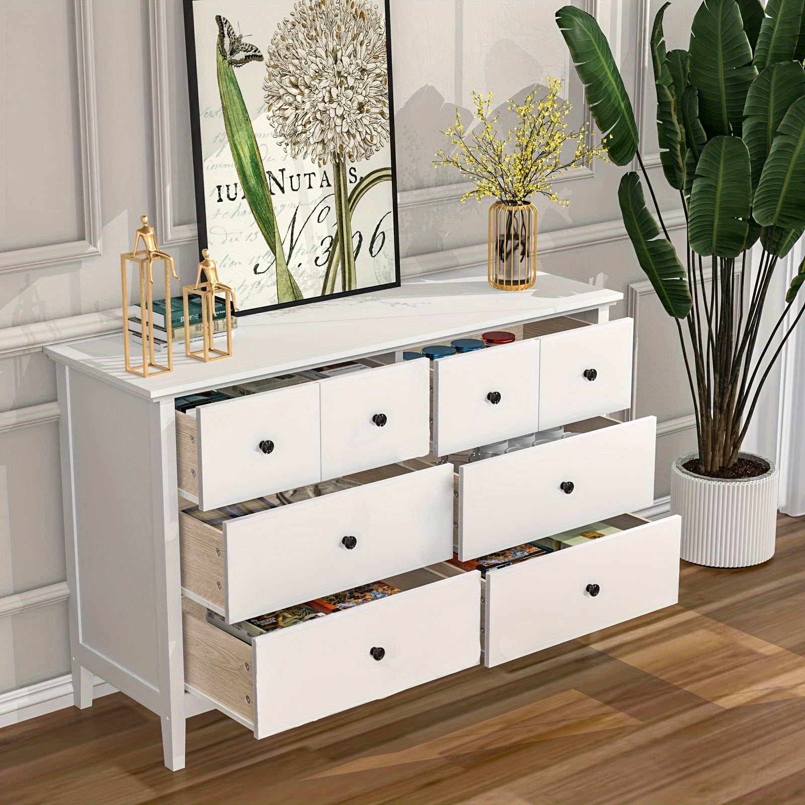 Classic 6-Drawer Double Dresser - Floor Mount Wood Bedroom Storage Chest with Flat Panel Doors Metal Handles Composite