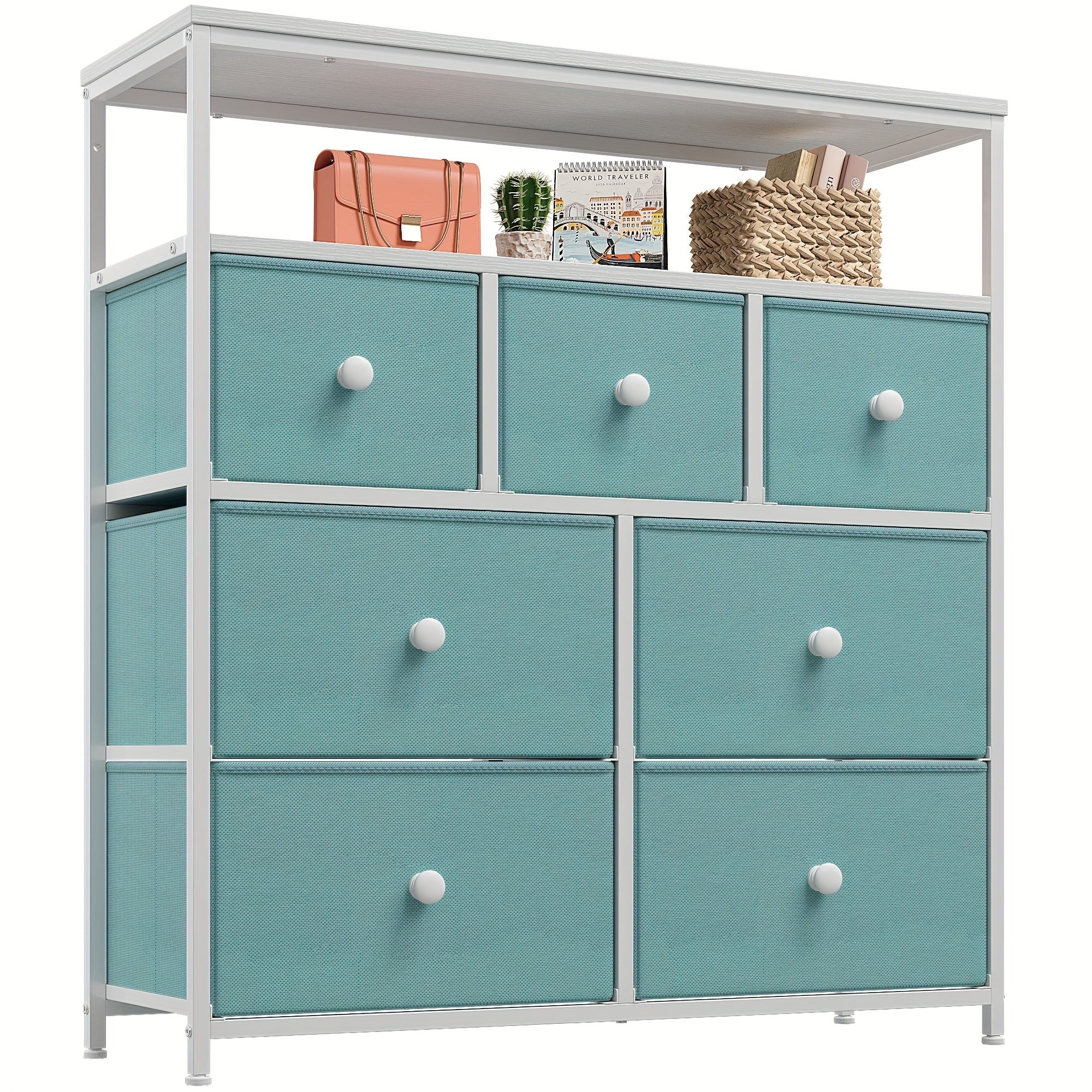 Dresser For Bedroom With 7 Drawers And 2 Shelves TV Stand Dresser With Wooden Top And Metal Frame Tall Dressers & Chest