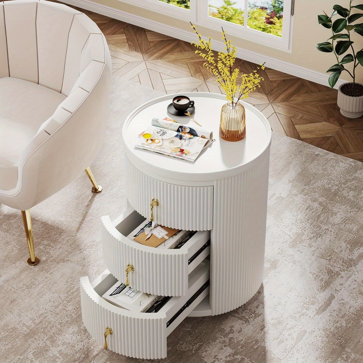 No Assembly Nightstand with 3 Drawers, Modern Round Bedside Table Night Stand for Bedroom, End Table Side Table with Storage and Gold Handles, White