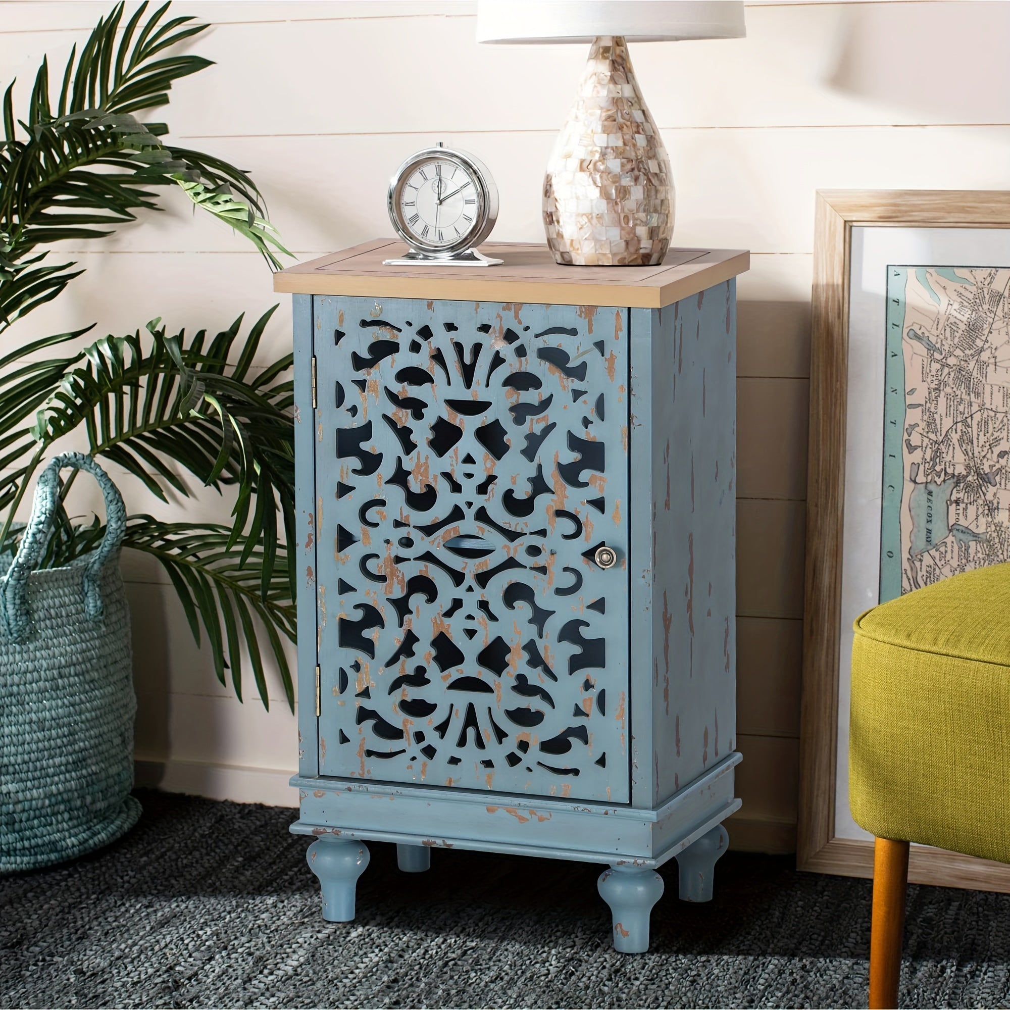 Mix Patio Accent Cabinet Small With Single Door, 31.5" Tall Side End Table, Distressed Nightstand With Wooden Frame And Hollow Carved Door, Blue/White, 1-Door