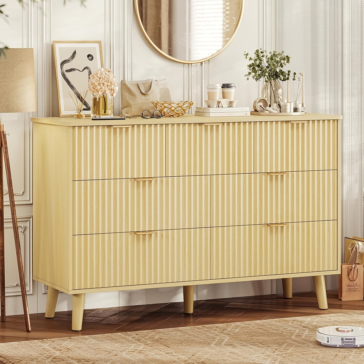 Modern 7-Drawer Fluted Dresser in Natural Oak - Golden Metal Handles, Spacious Storage Organizer for Bedroom & Entryway