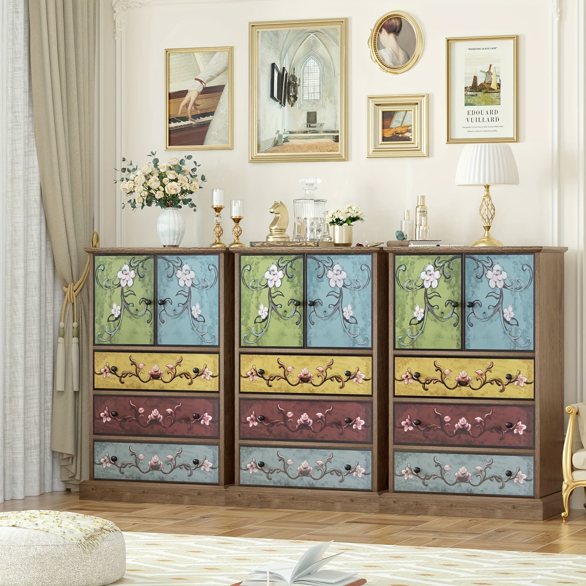 Boho Dresser, Tall Dresser with Drawers and Doors, Wood Dresser Accent Dresser for Living Room Home Office