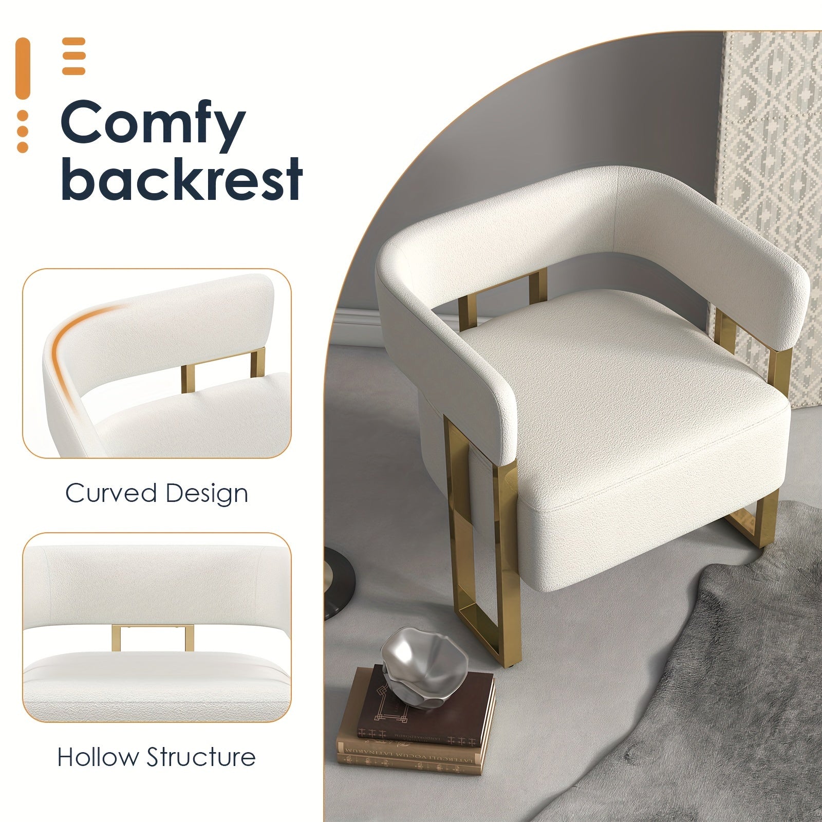 Modern Sherpa Boucle Accent Chair Upholstered Armchair White Bucket Chair Comfy Side Chair Living Room Chairs