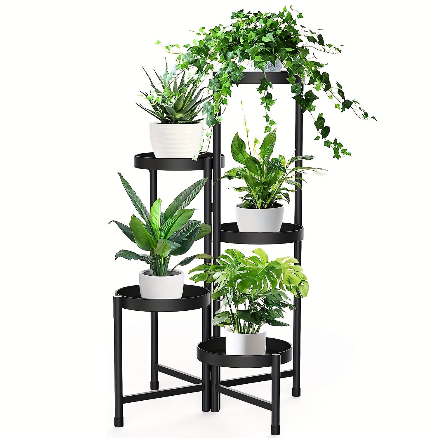 1pc 5-layer Circular Iron Flower Rack, 5 Tier Metal Plant Stand For Indoor Outdoor, Foldable Corner Tall Plant Shelf For Multiple Plants, Flower Pot Holder Display Stand For Living Room Balcony Garden Patio Black