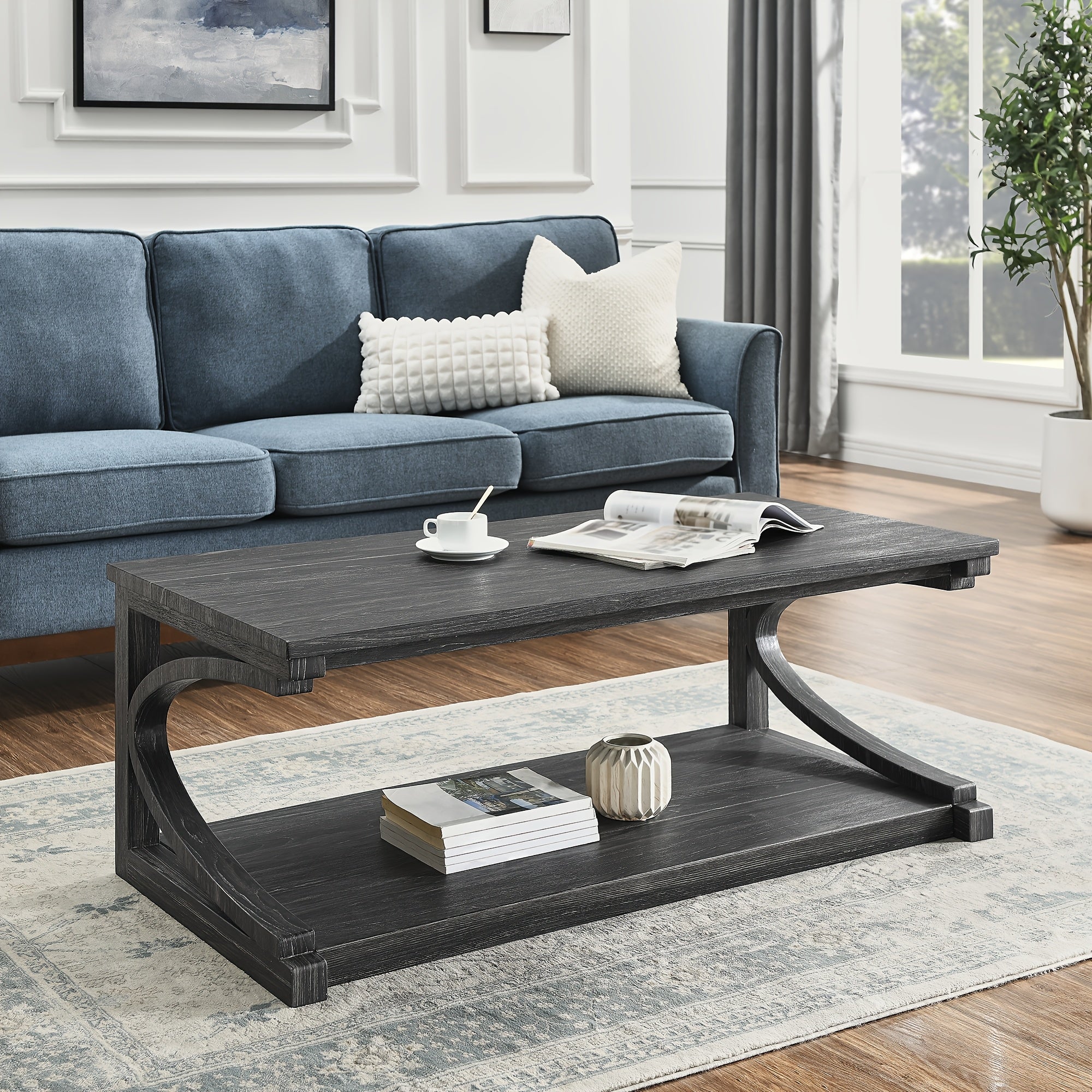 Modern 48" Black Wooden Coffee Table with Storage - Unique Geometric Design, Perfect for Living Room, Kitchen, or Apartment