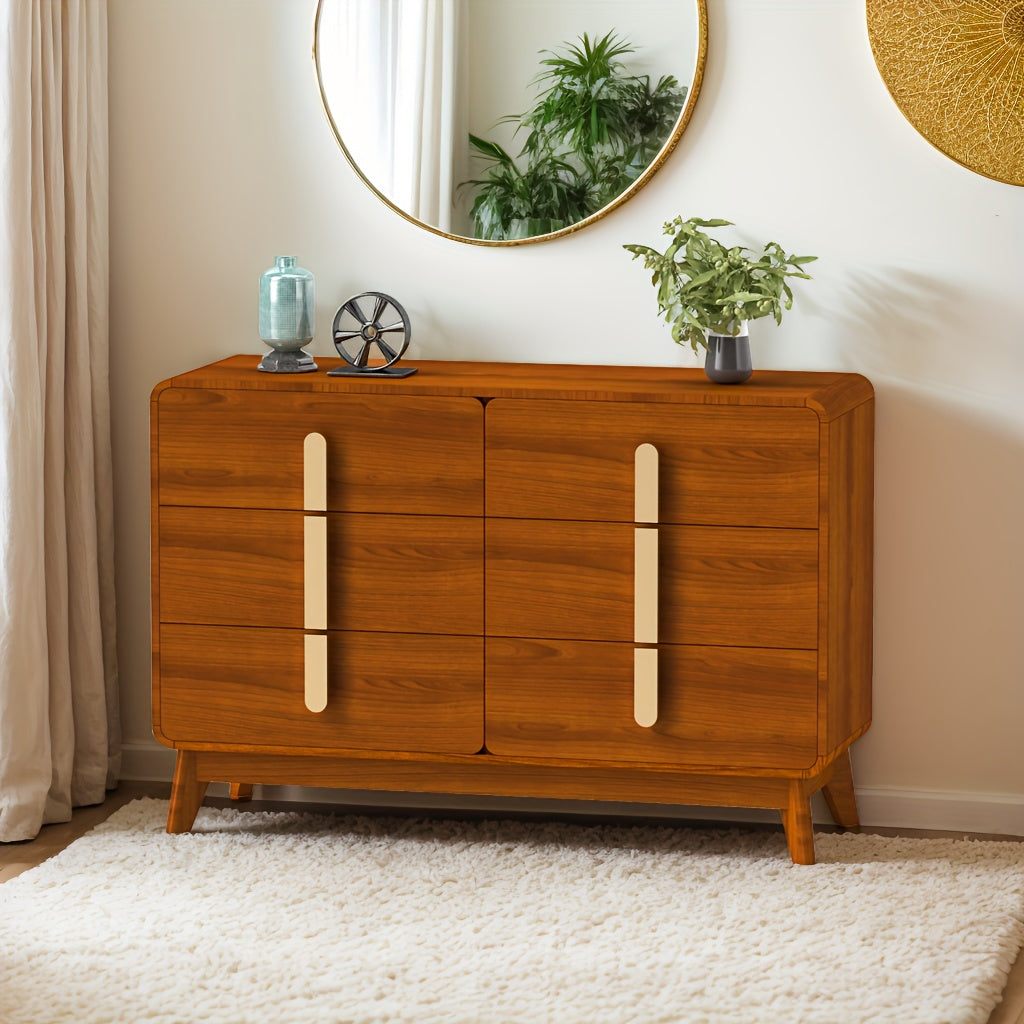 Mid Century Modern Dresser, 5, 6 Drawer Dresser With Storage, Chest Of Drawers With Metal Handle, Dresser TV Stand, Large Wood Drawer Organizer For Bedroom, Living Room, Hallway, Cherry