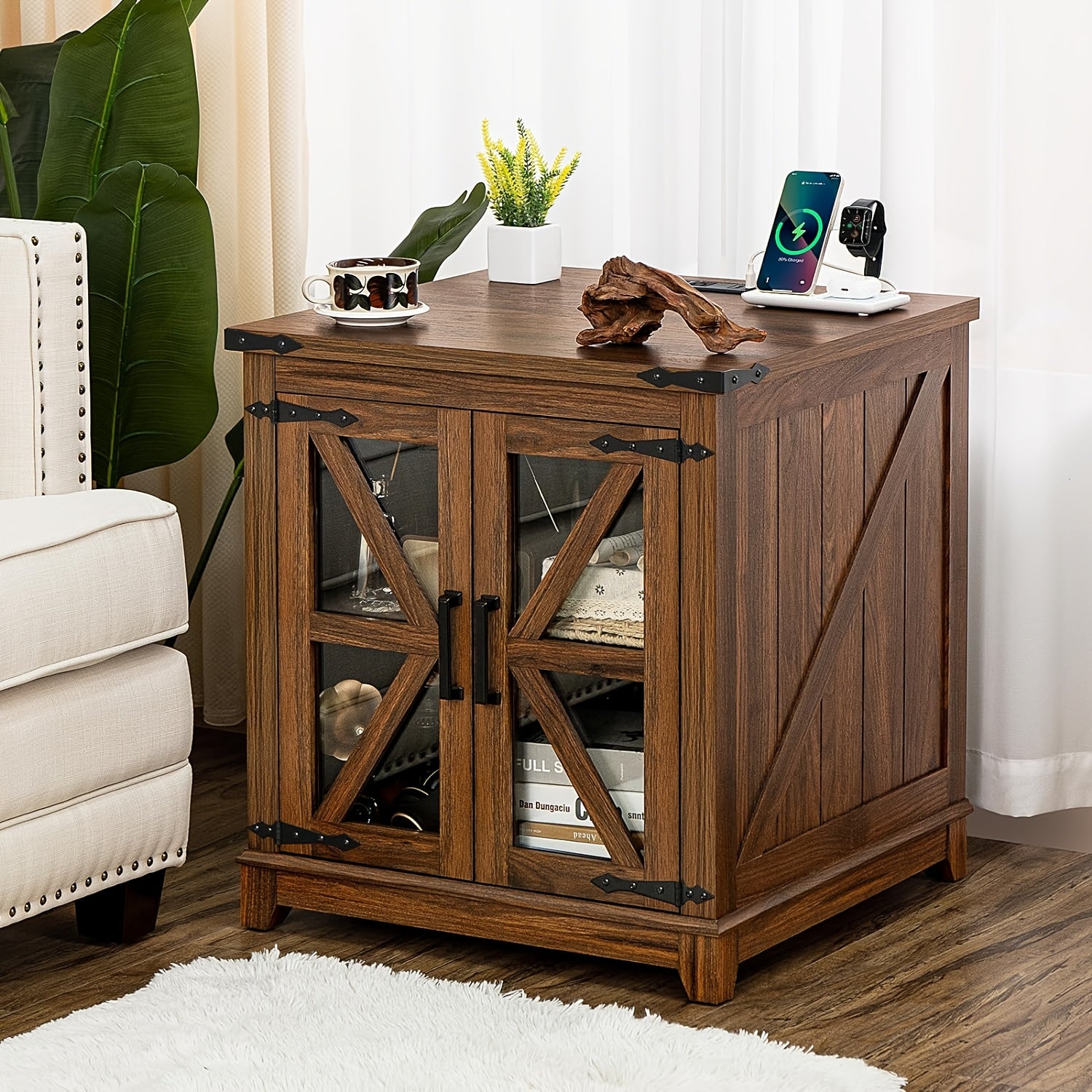 Farmhouse End Table With Charging Station, 24" Large Sofa Side Table With Glass Barn Door, Brown Nightstand With Adjustable Storage Shelf, Wood Square Bedside Table For Living Room, Bedroom