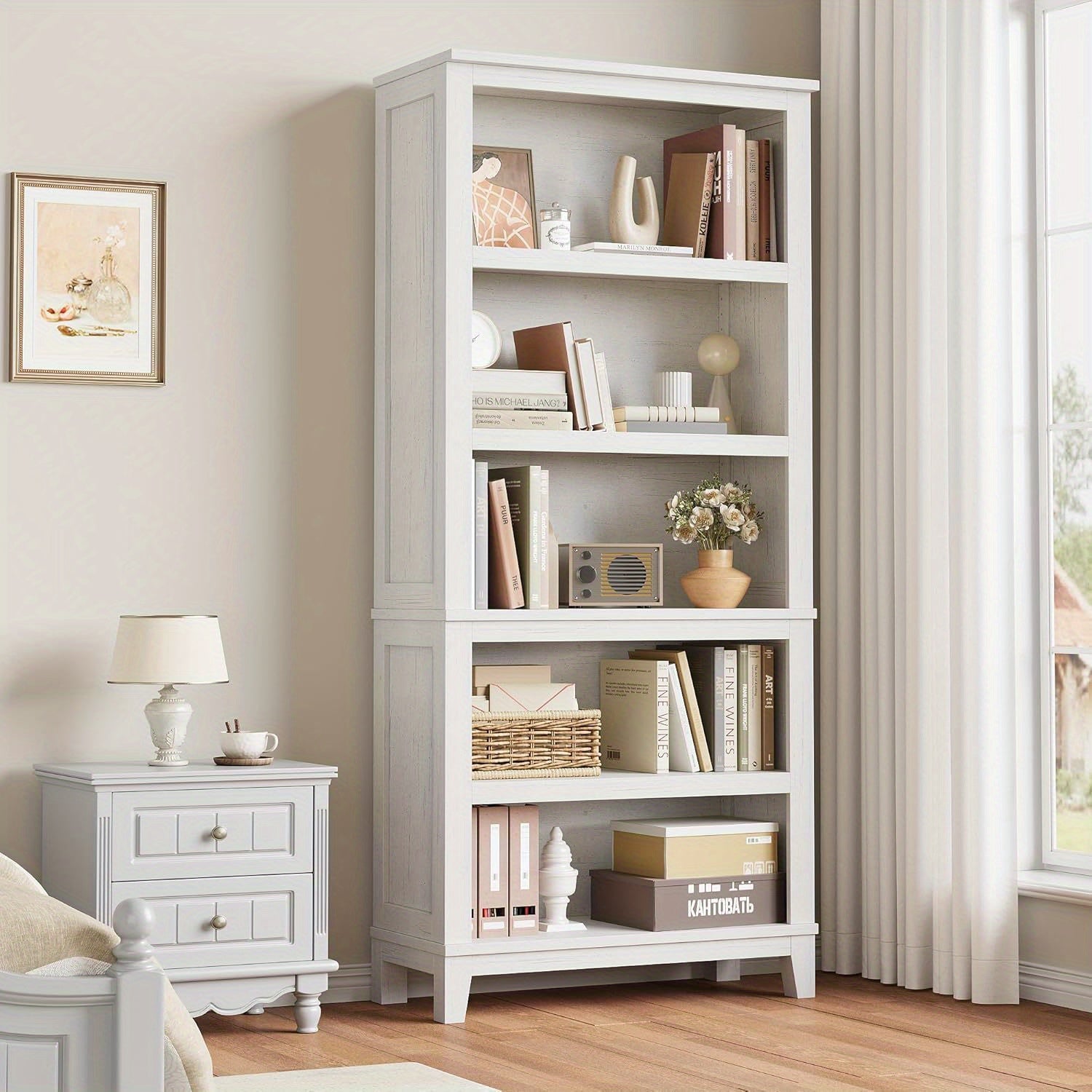 Rustic Farmhouse Wooden Bookcase 5-Tier Storage Bookshelf Vintage Etagere for Home Office Living Room Bedroom - White
