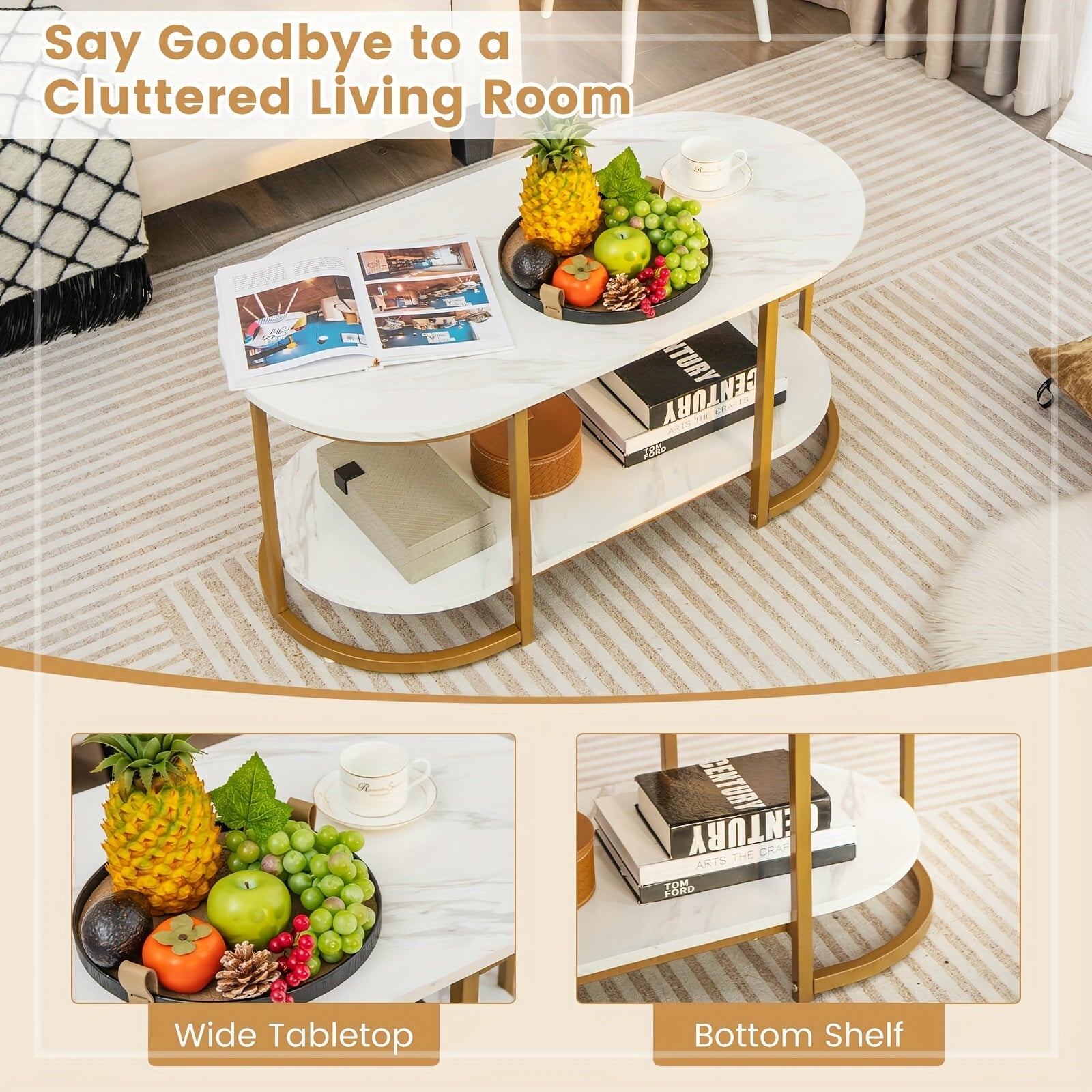 1pc White Marble Coffee Table Modern 2-Tier Center Table With Metal Frame And Open Storage Shelf 39x20x18 Inches
