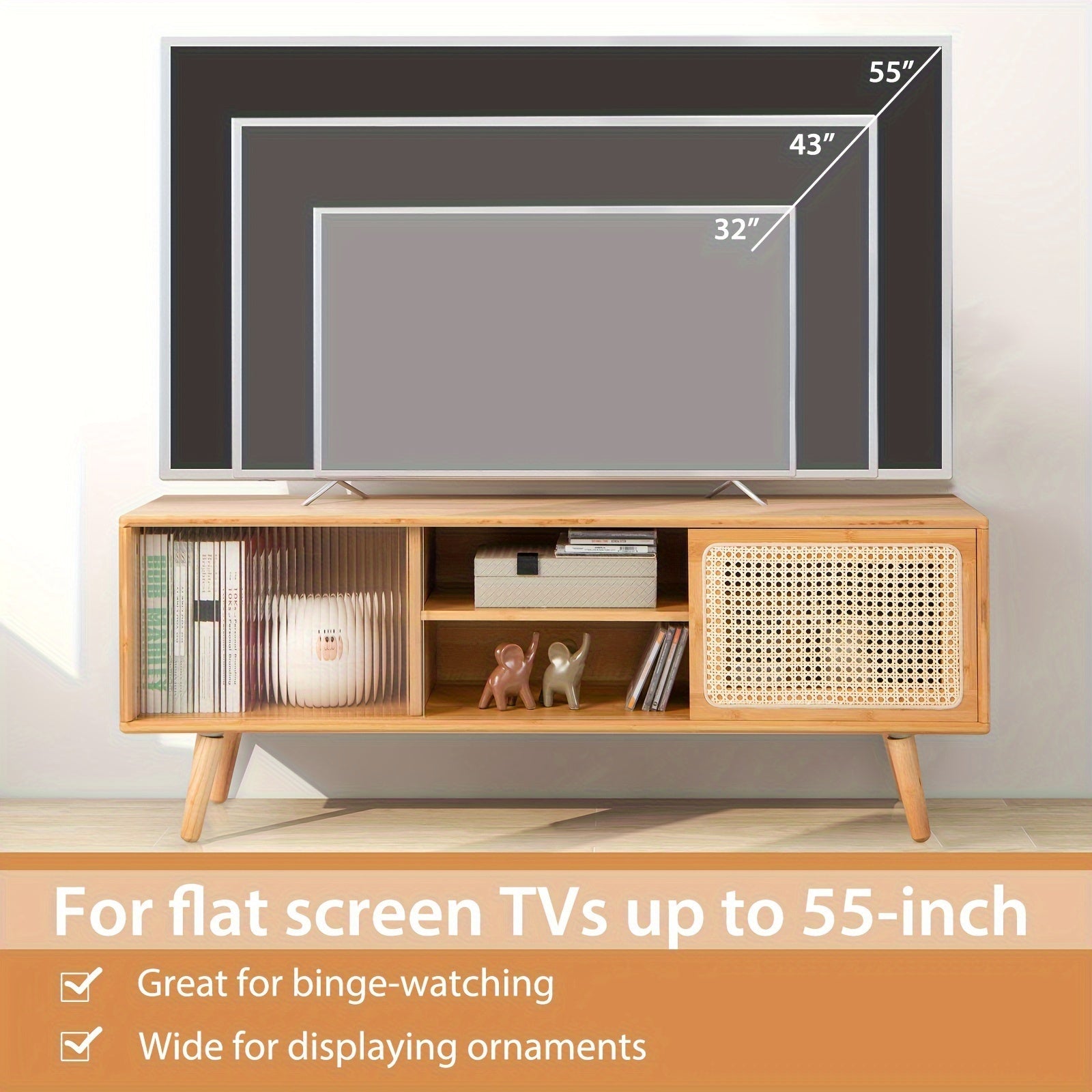 1pc Modern TV Stand, Entertainment Center Media Console W/Rattan Glass Sliding Doors