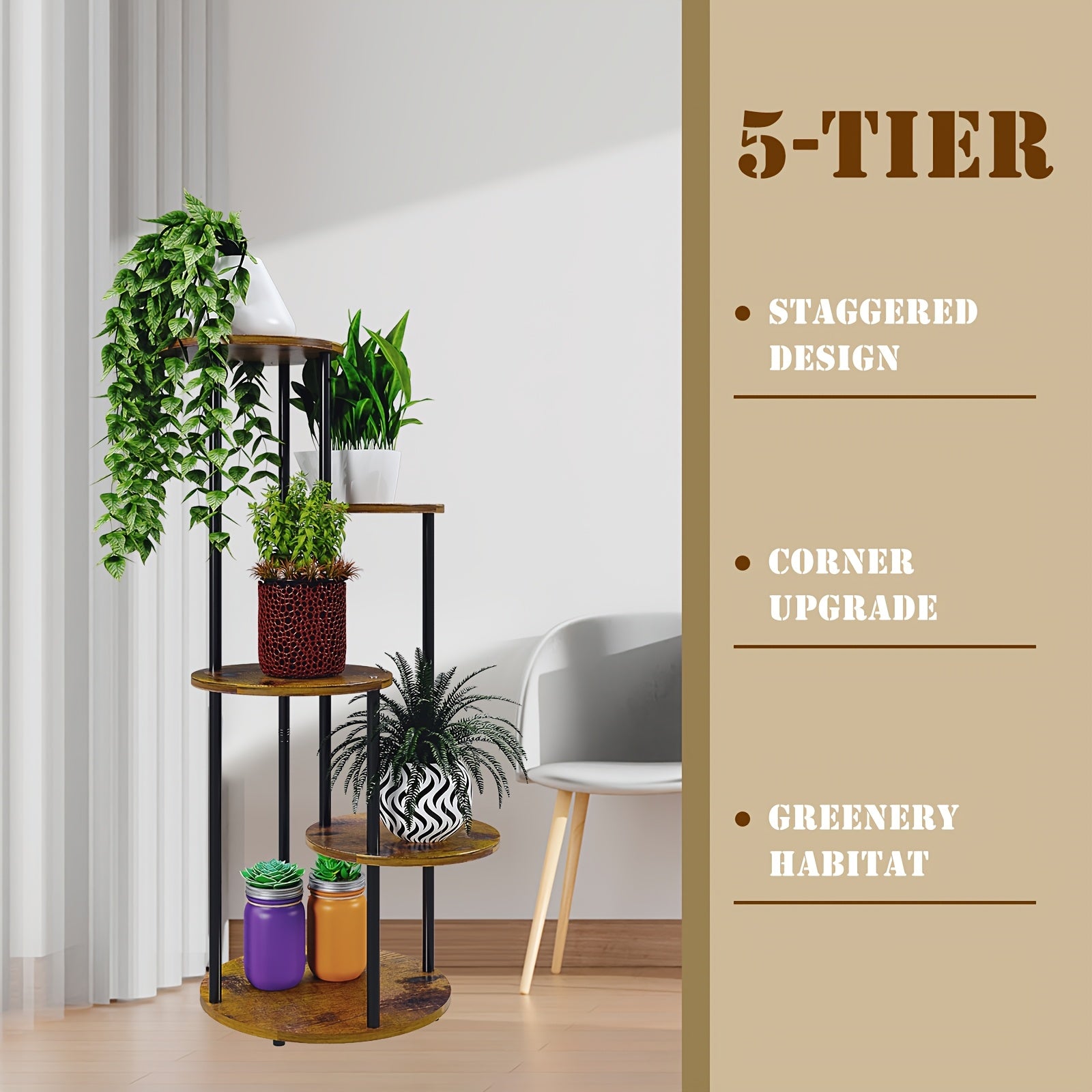 5-Layer Circular Metal Plant Rack, Black Multi-Tier Flower Stand for Indoor Use - Ideal for Balcony, Garden, Living Room, Bedroom, Terrace, Corner Flower Rack, High